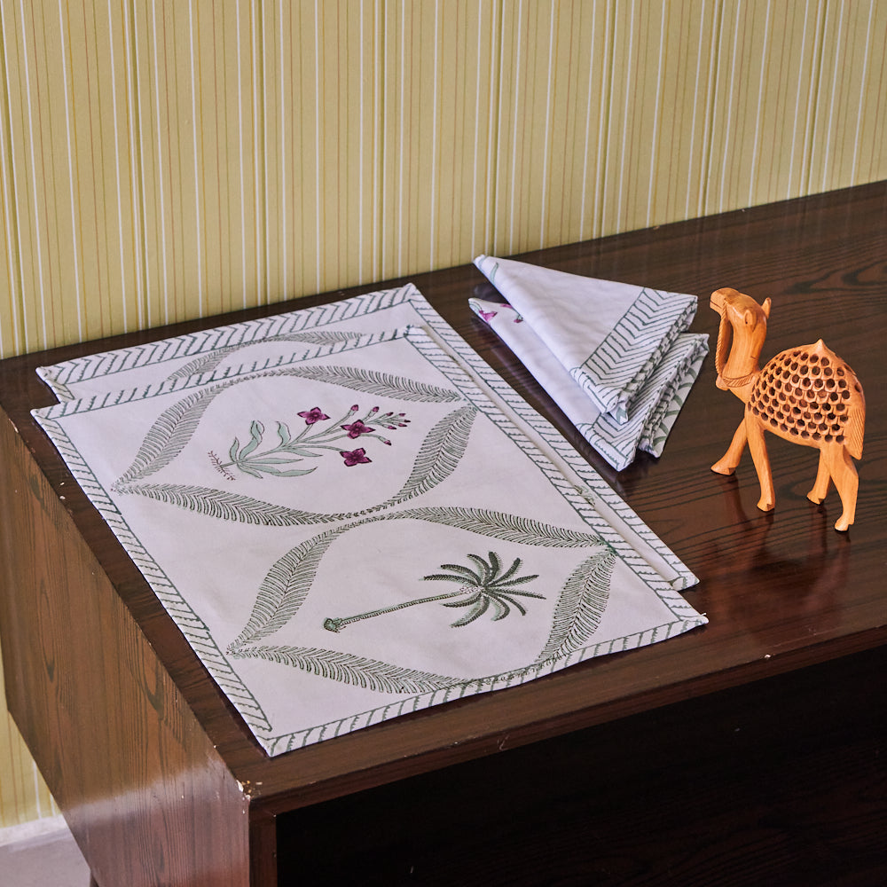 Canvas Table Mat and Napkin Cherry Blossoms Block Print Set of Two