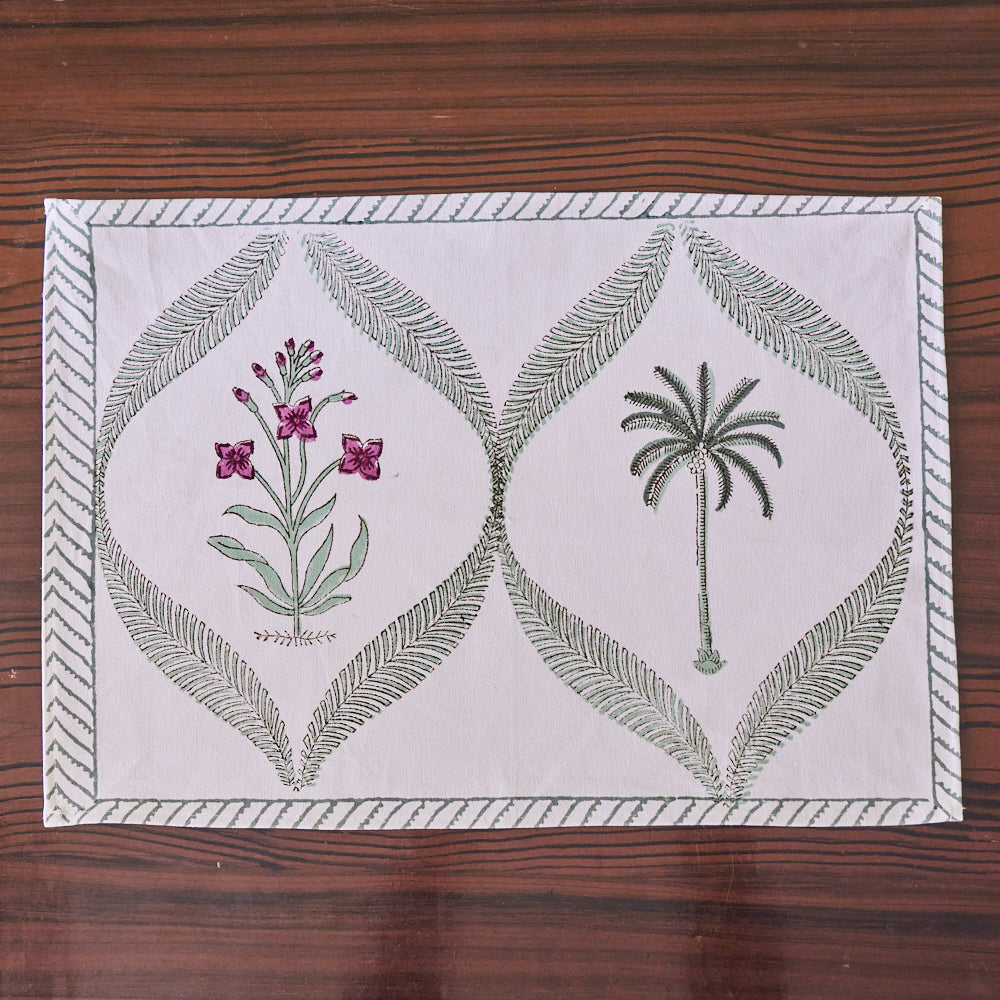 Canvas Table Mat and Napkin Cherry Blossoms Block Print Set of Two