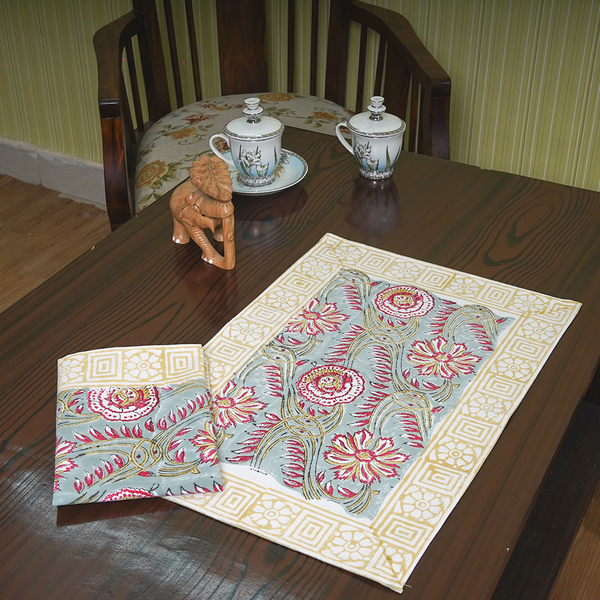 Canvas Table Mate And Napkin Red-Grey Floral Jaal Block Print