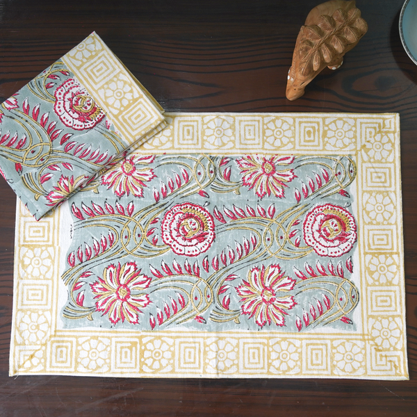 Canvas Table Mate And Napkin Red-Grey Floral Jaal Block Print