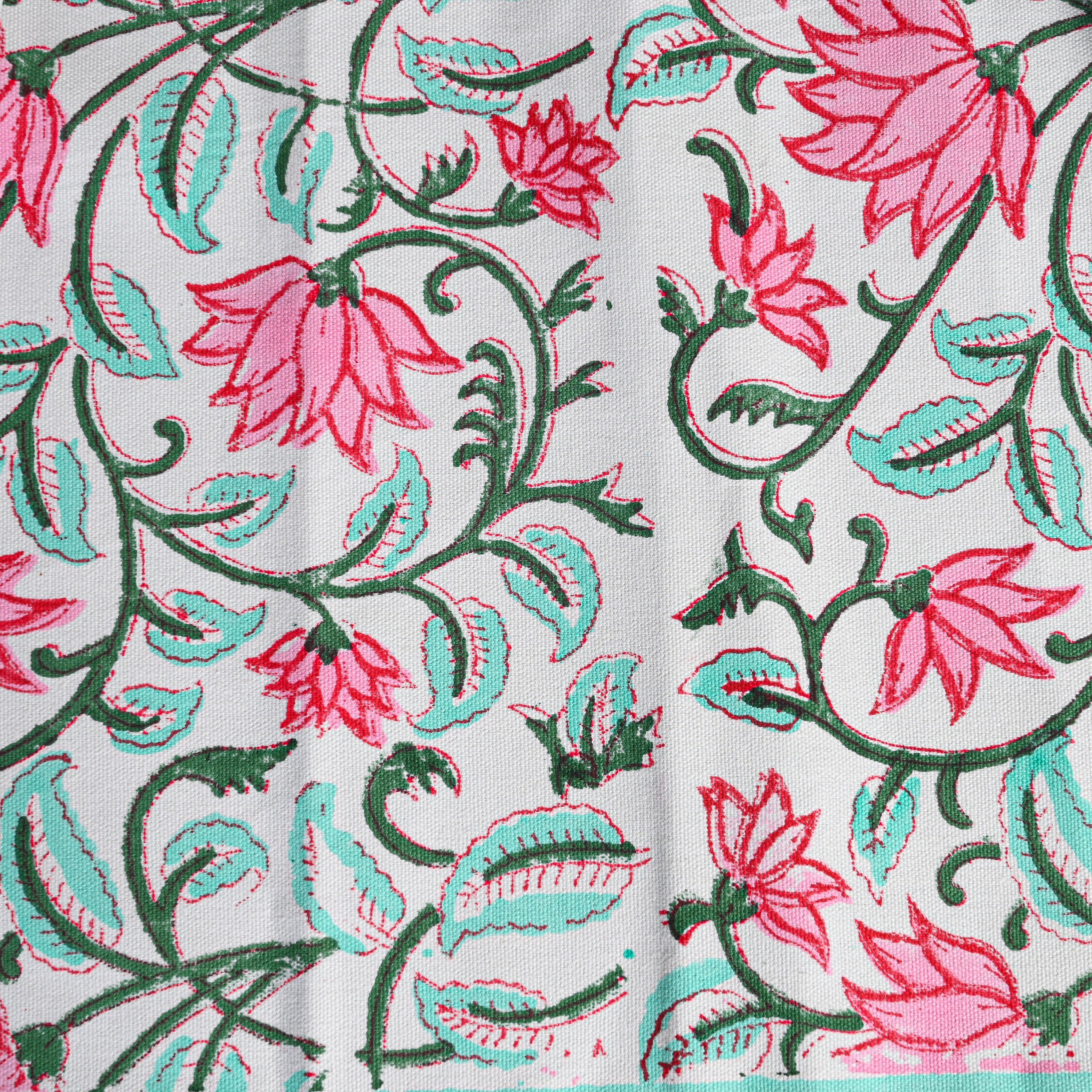 Canvas Table Mat And Napkin Green-Pink Floral Jaal Block Print Set of Two