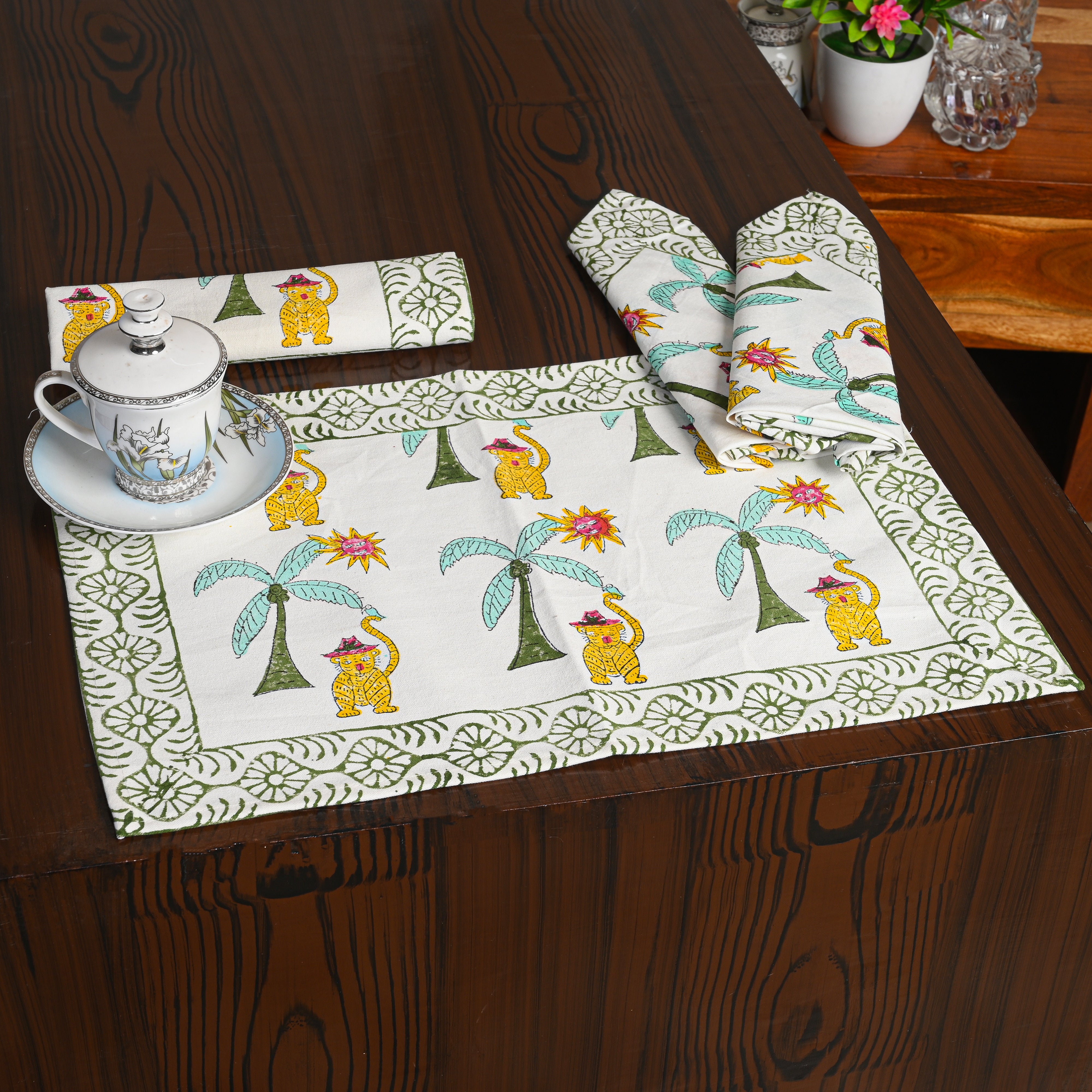 Canvas Table Mat And Napkin Mustard-Green Coconut Block Print Set of Two
