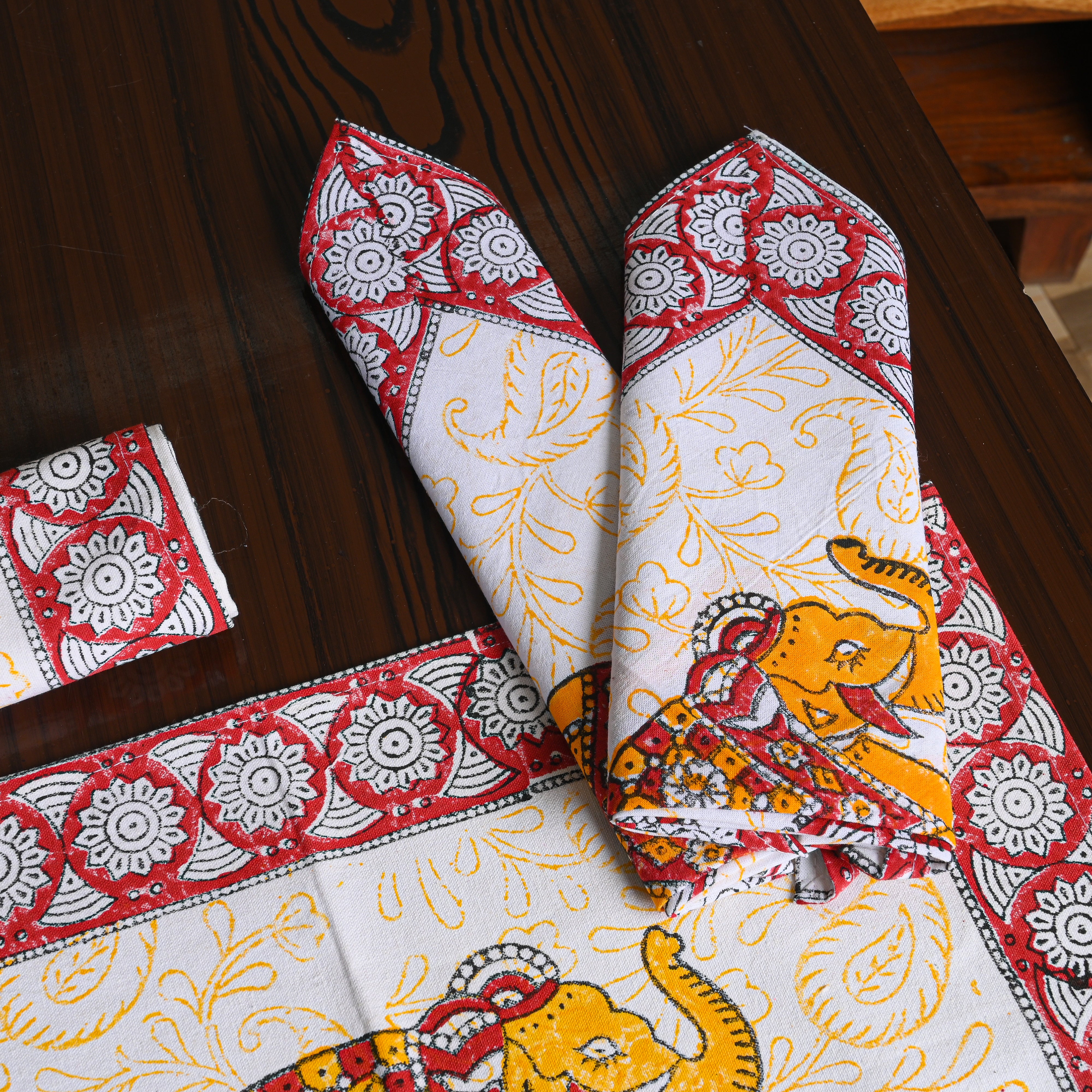 Canvas Table Mat And Napkin Mustard-Red Elephant Block Print Set of Two