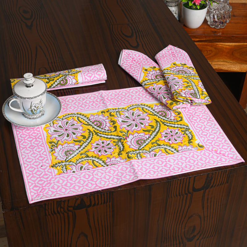 Canvas Table Mat And Napkin Pink-Masterd Floral Jaal Block Print