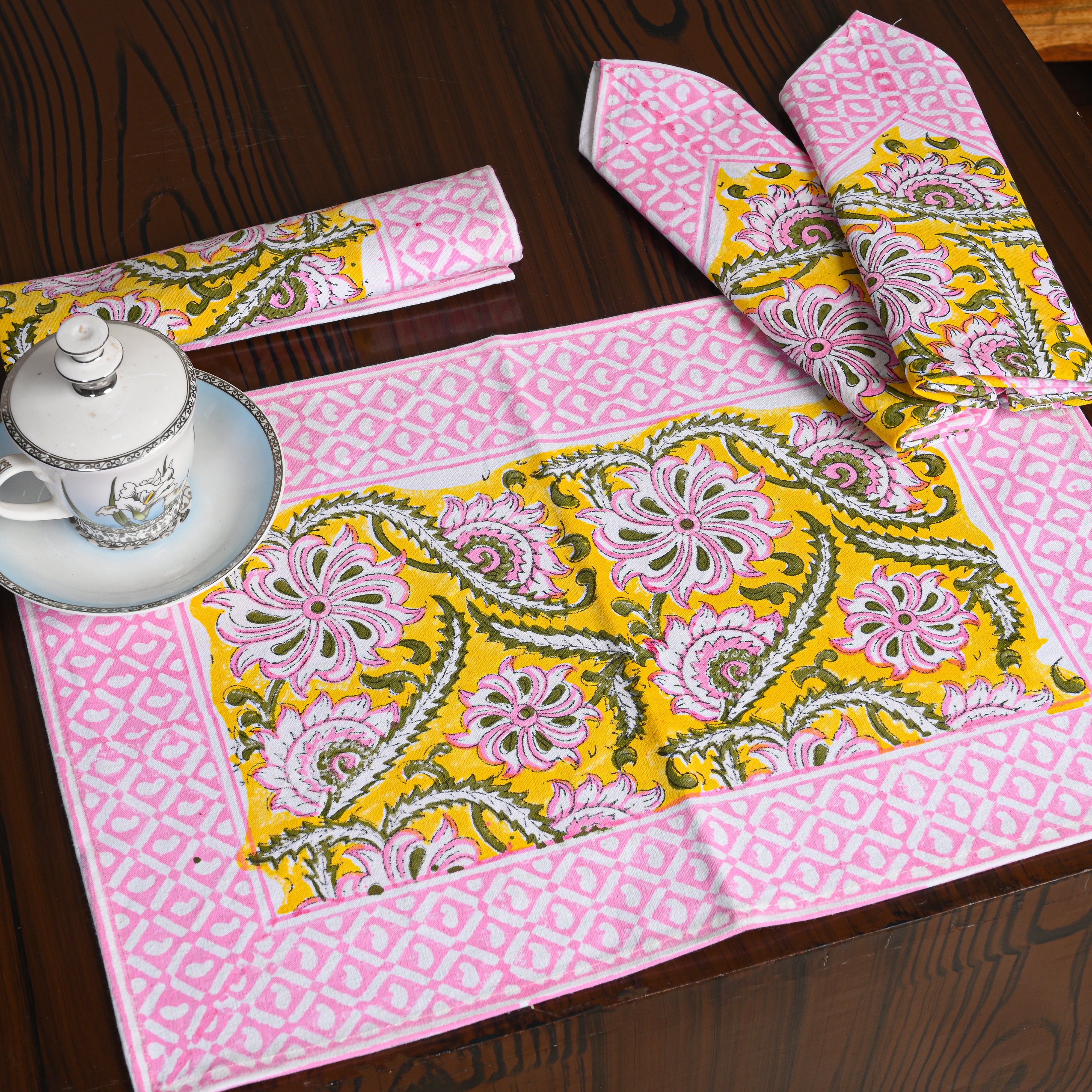 Canvas Table Mat And Napkin Pink-Mustard Floral Jaal Block Print Set of Two