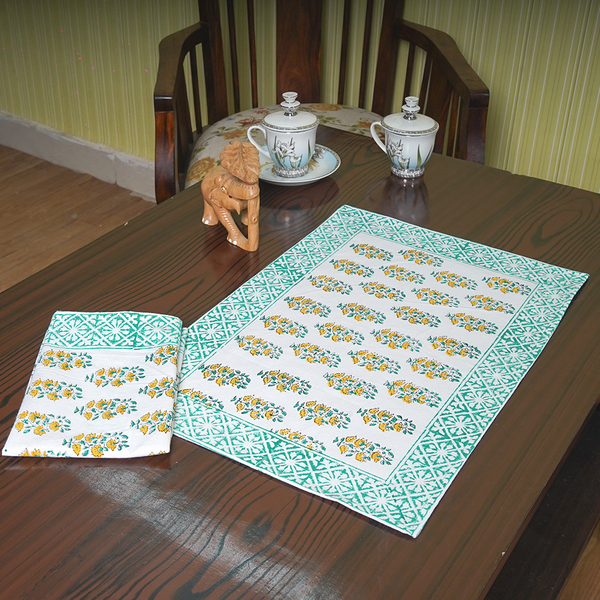Canvas Table Mat And Napkin Lightgreen-Masterd Floral Block Print