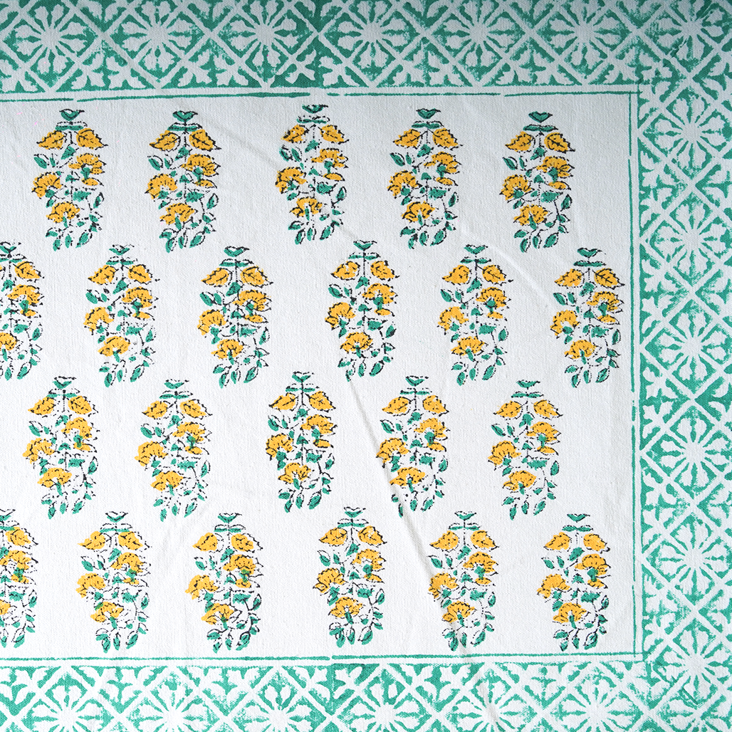 Canvas Table Mat And Napkin Lightgreen-Mustard Floral Block Print Set of Two