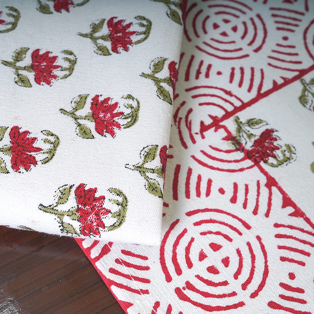 Canvas Table Mat And Napkin Red-Green Cherryblossom Floral Block Print Set of Two