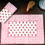 Canvas Table Mat And Napkin Red-Green Cherryblossom Floral Block Print