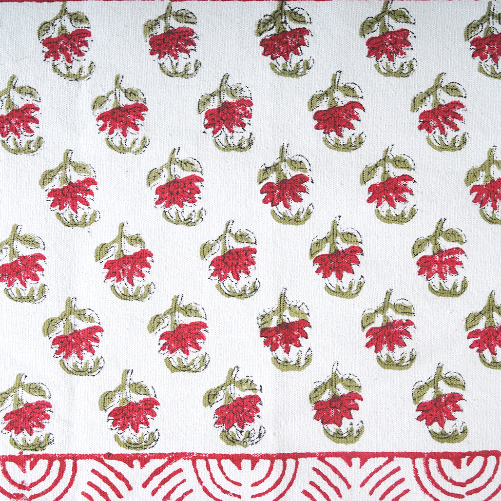 Canvas Table Mat And Napkin Red-Green Cherryblossom Floral Block Print Set of Two