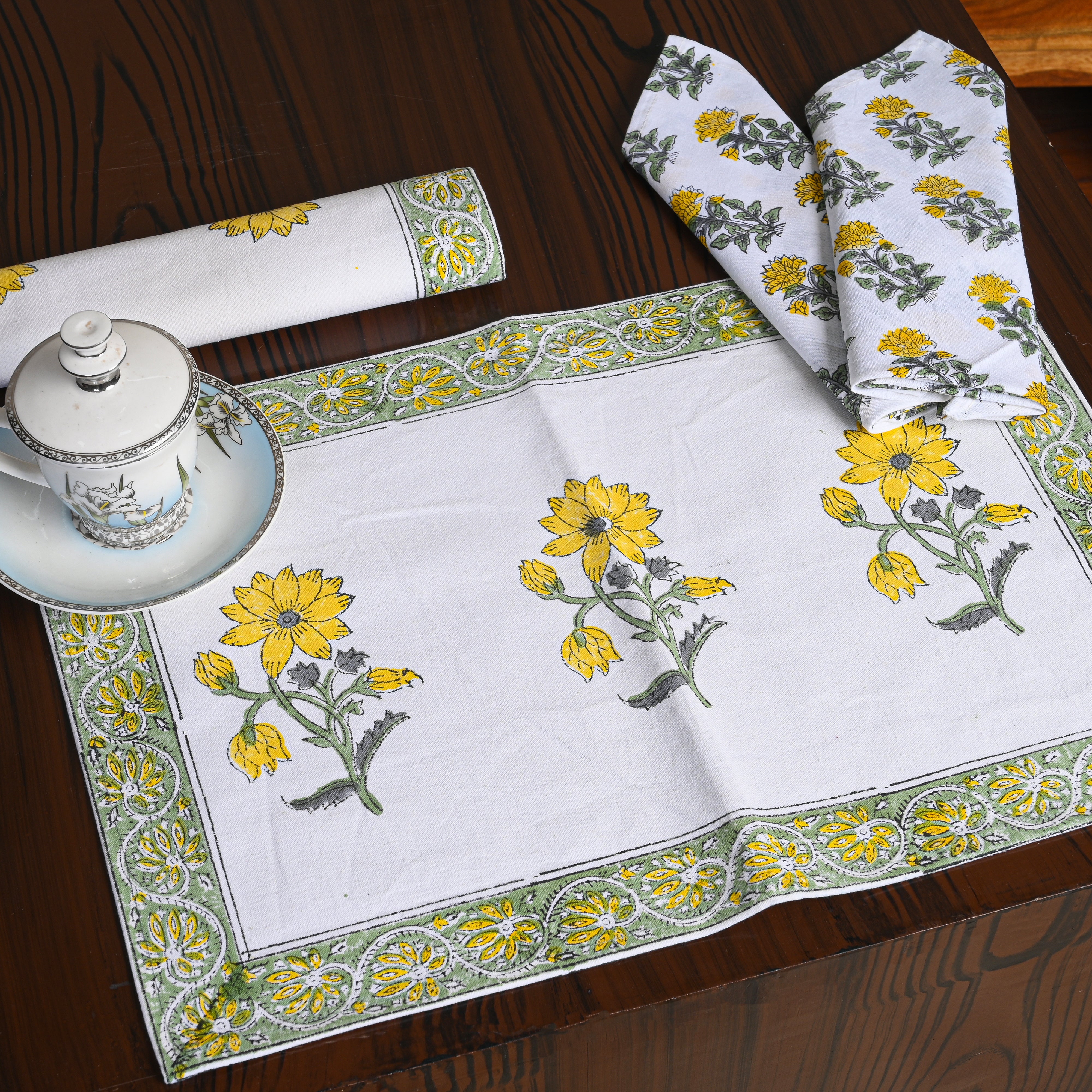Canvas Table Mat And Napkin Mustard-Green Sunnyhop Block Print Set of Two