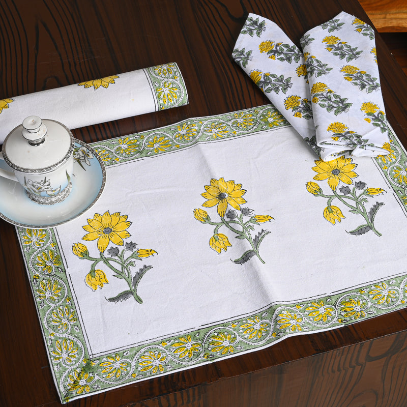 Canvas Table Mat And Napkin Masterd-Green Sunnyhop Block Print