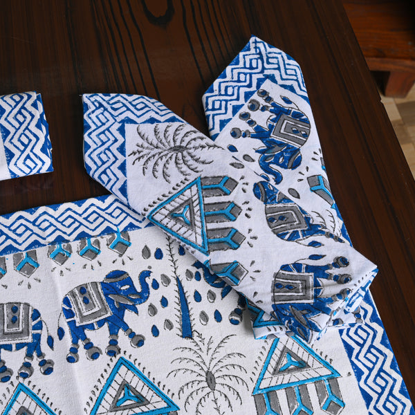 Canvas Table Mat And Napkin Blue Elephant Block Print
