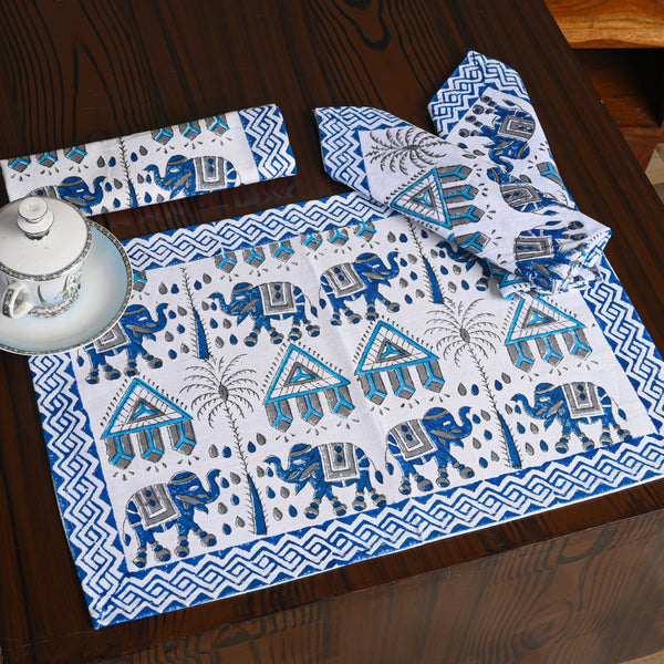 Canvas Table Mat And Napkin Blue Elephant Block Print
