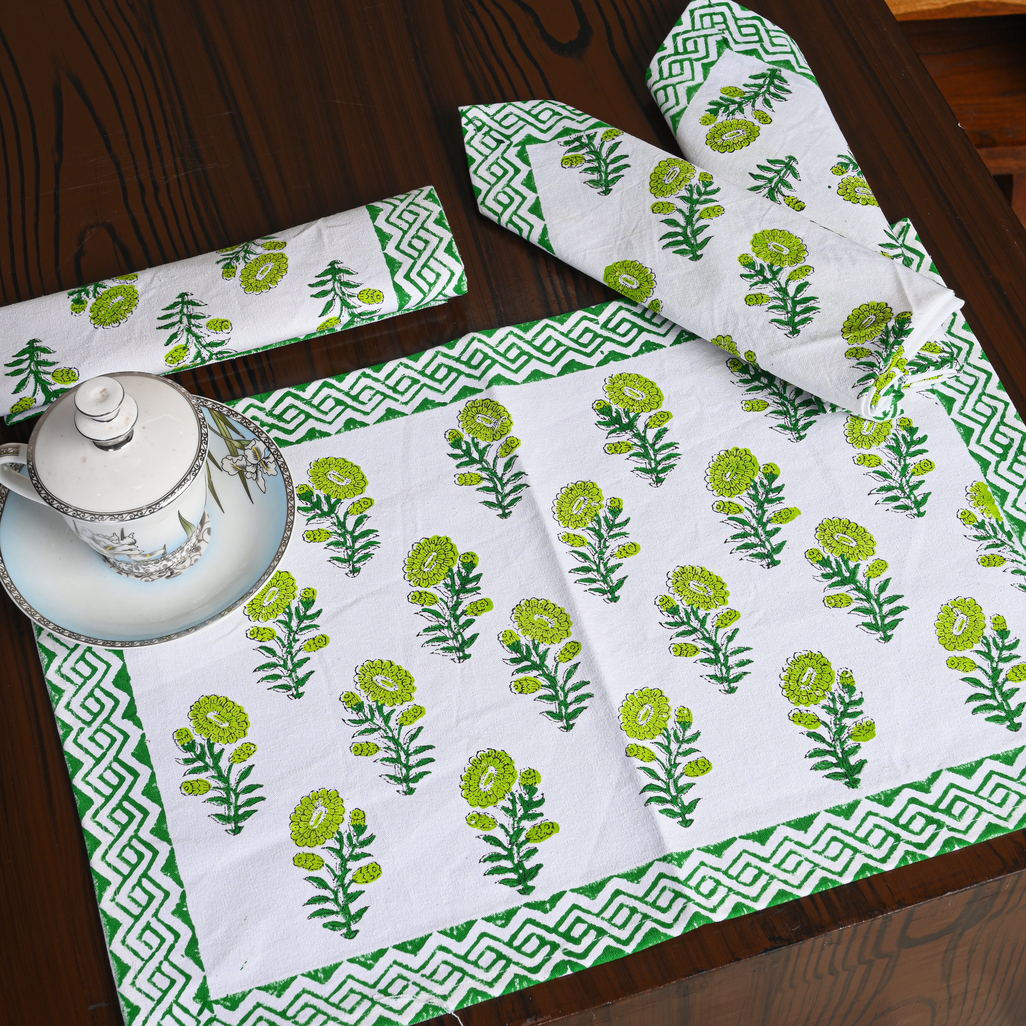 Canvas Table Mat And Napkin Green Amber Splash Block Print Set of Two