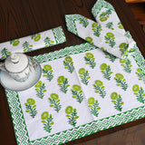 Canvas Table Mat And Napkin Green Amber Splash Block Print