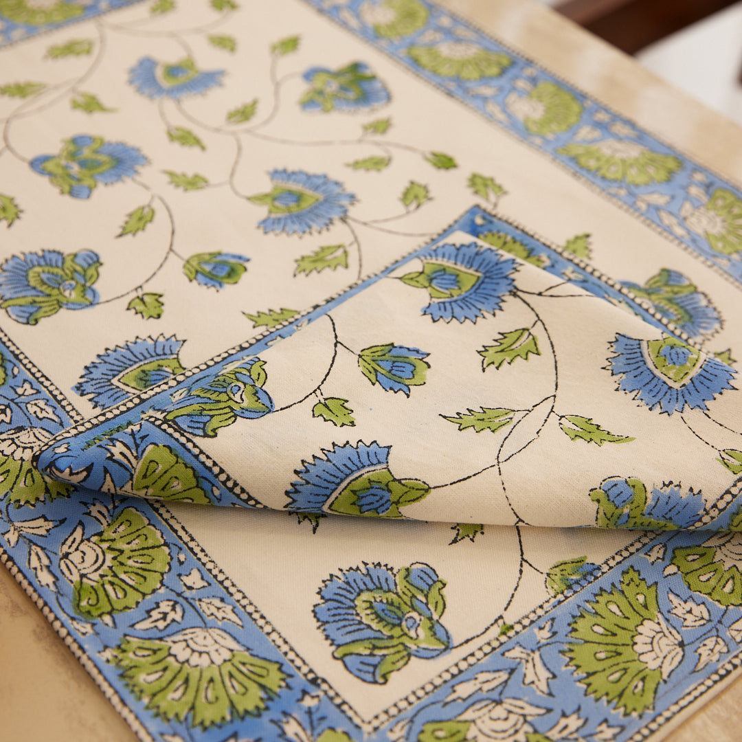 Canvas Table Mate And Napkin Floral Block Print Set of Two