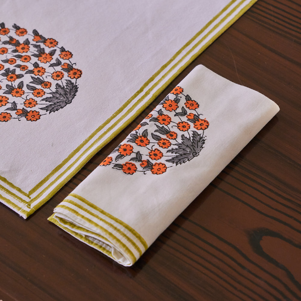 Canvas Table Mat and Napkin Set Orange Grey Floral Buta  Block Print Set of Two