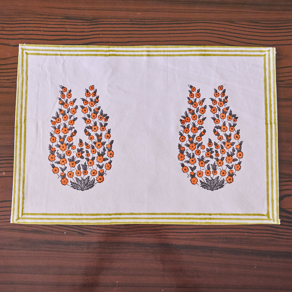 Canvas Table Mat and Napkin Set Orange Grey Floral Buta  Block Print Set of Two