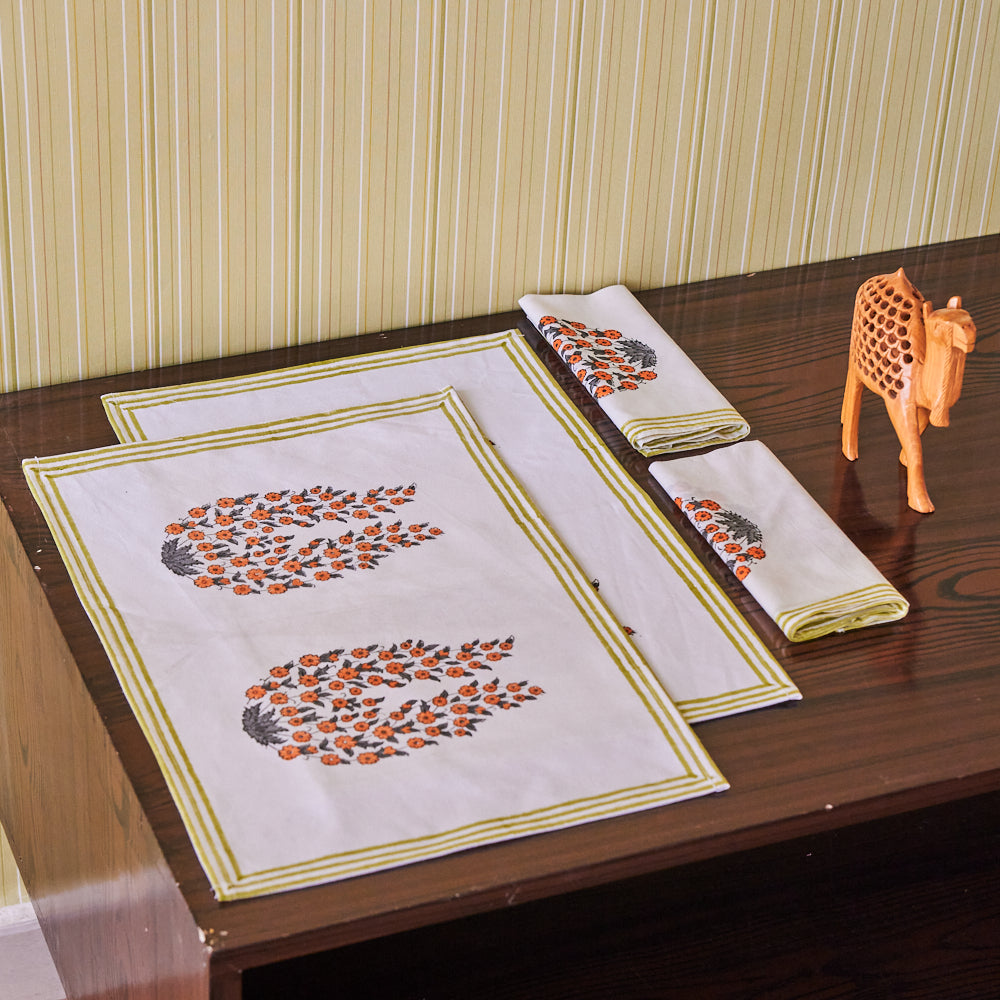 Canvas Table Mat and Napkin Set Orange Grey Floral Buta  Block Print Set of Two