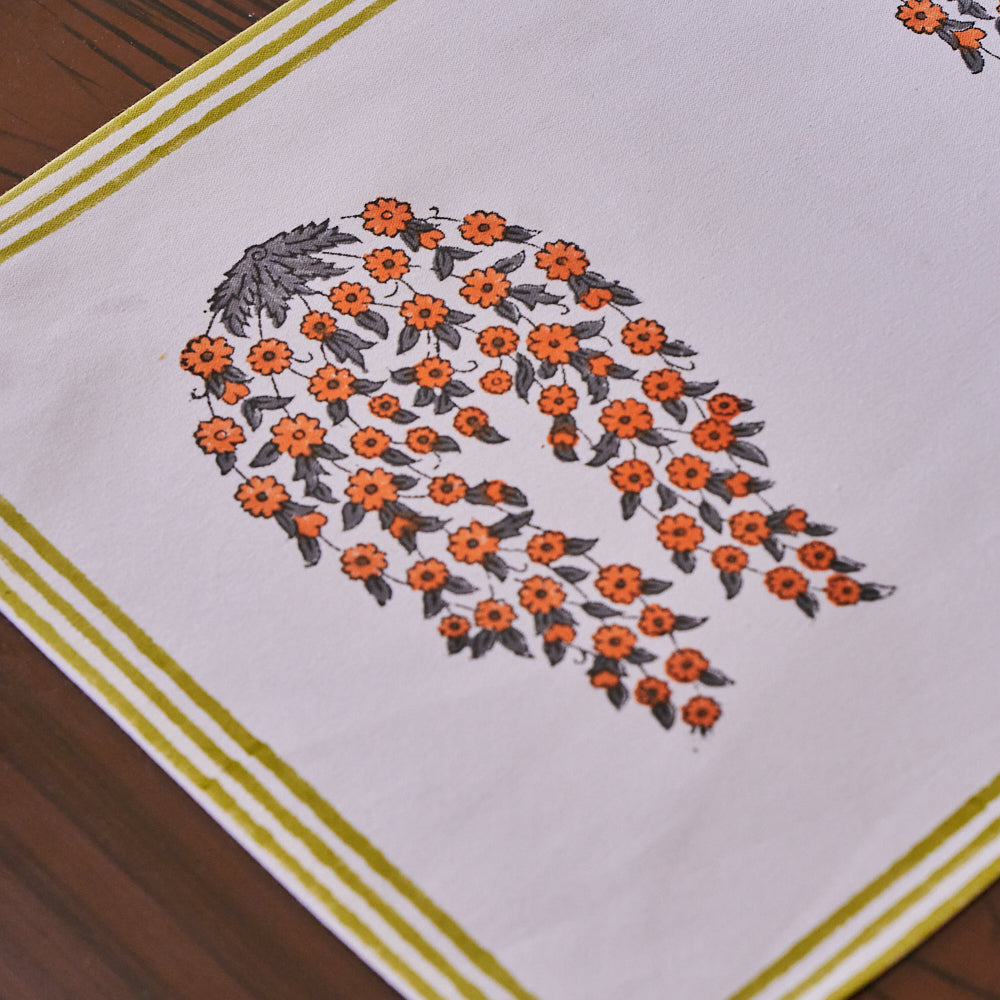Canvas Table Mat and Napkin Set Orange Grey Floral Buta  Block Print Set of Two
