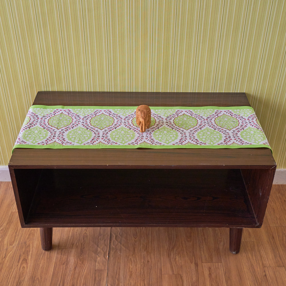 Canvas Table Runner Green Pink Floral Ogee Tree Block Print