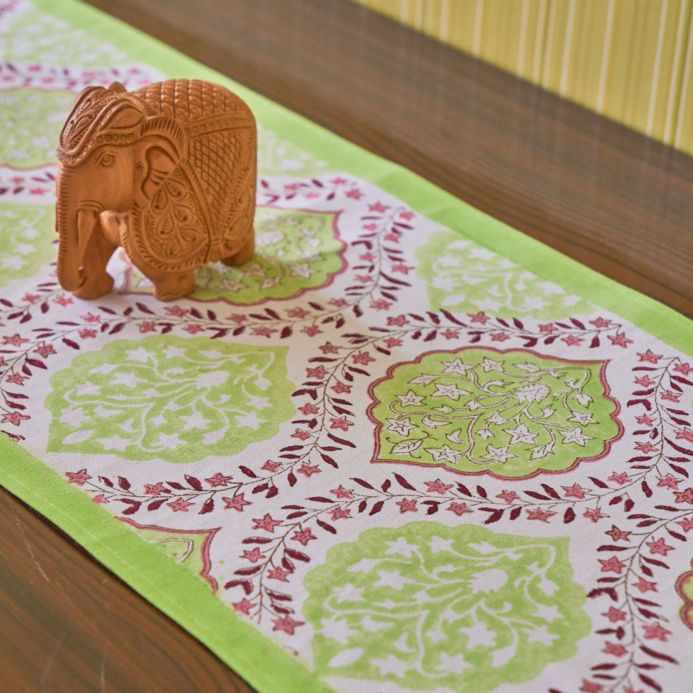 Canvas Table Runner Green Pink Floral Ogee Tree Block Print