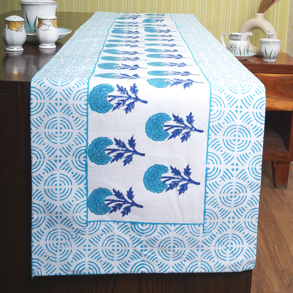 Canvas Table Runner Blue Morning Glory Floral Block Print