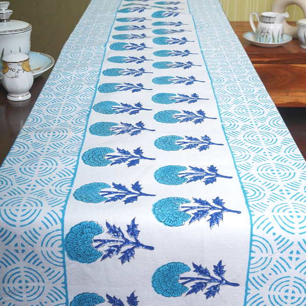 Canvas Table Runner Blue Morning Glory Floral Block Print