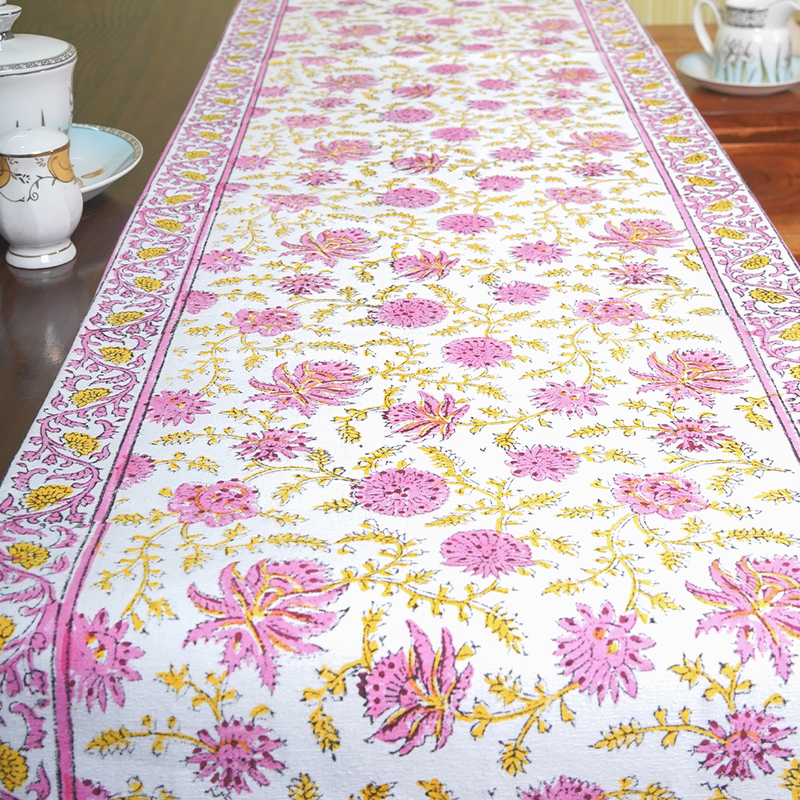Canvas Table Runner Pink Orchids Floral Block Print