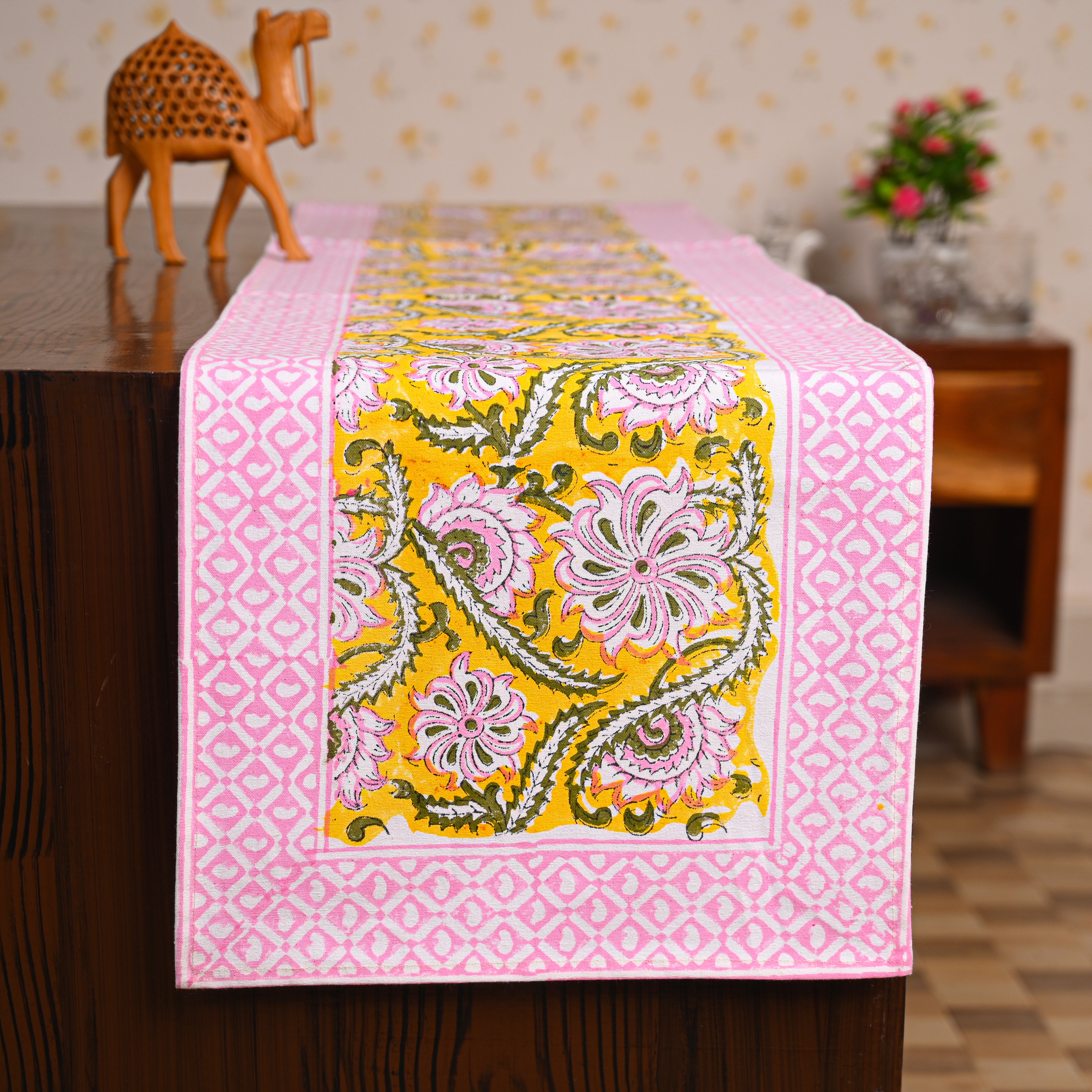 Canvas Table Runner Green Pink Carnation Floral Block Print