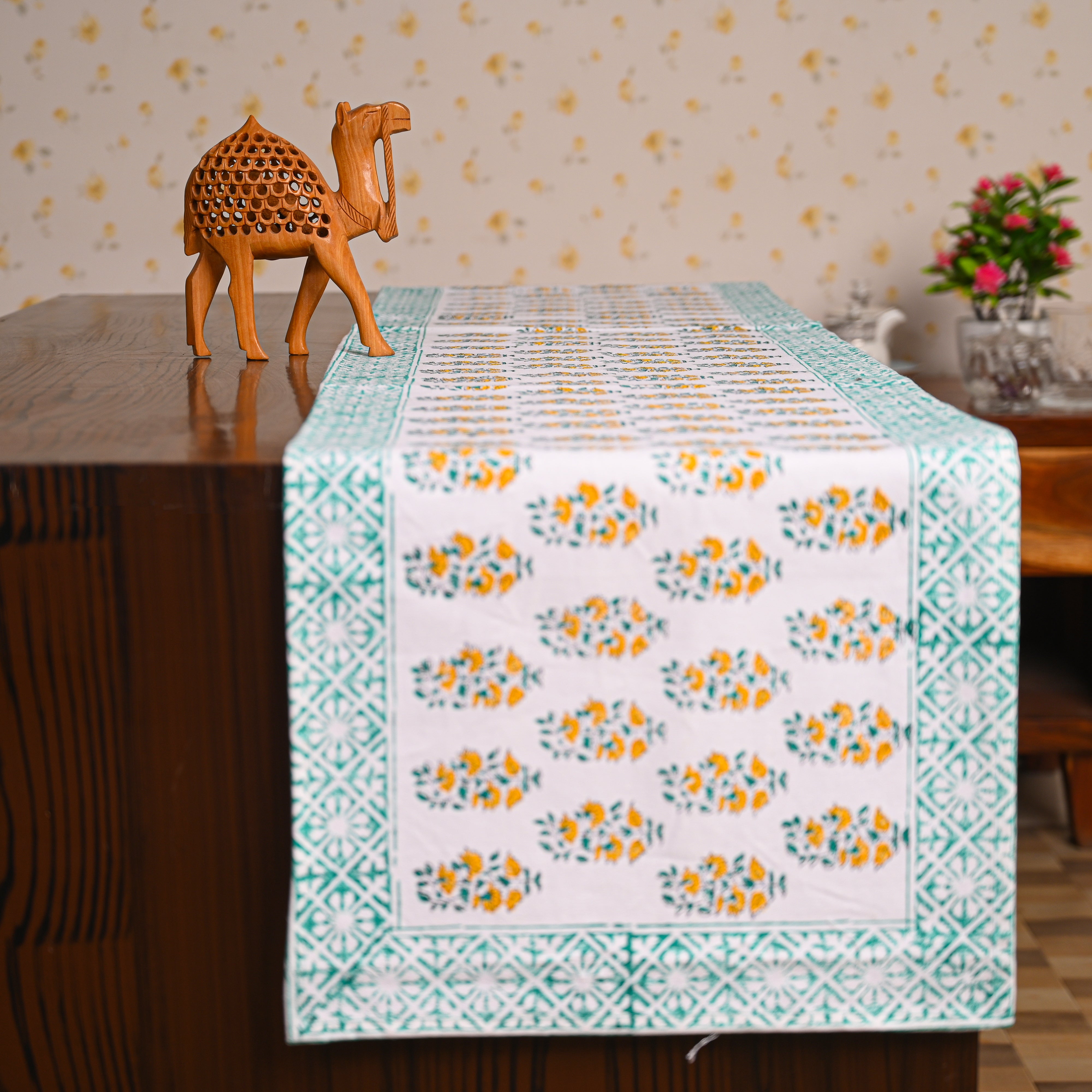 Canvas Table Runner Green Gerbera Floral Block Print