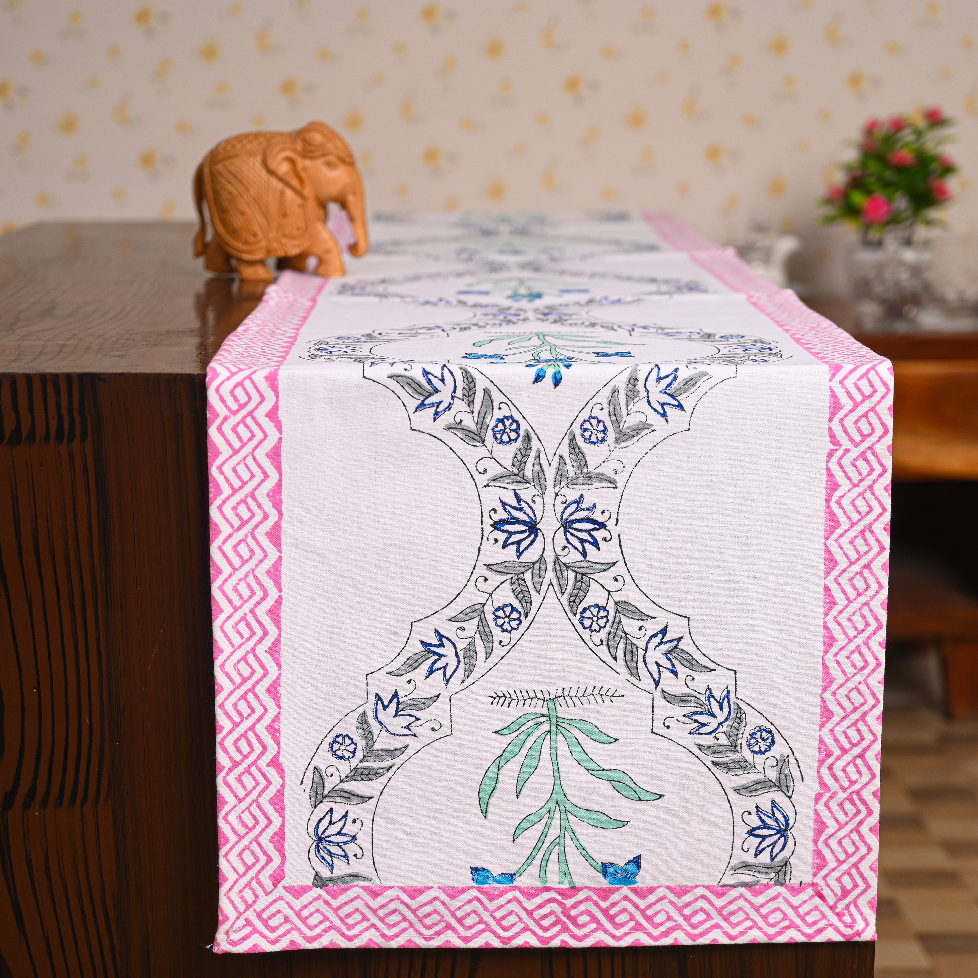 Canvas Table Runner Grey-Blue Floral Block Print