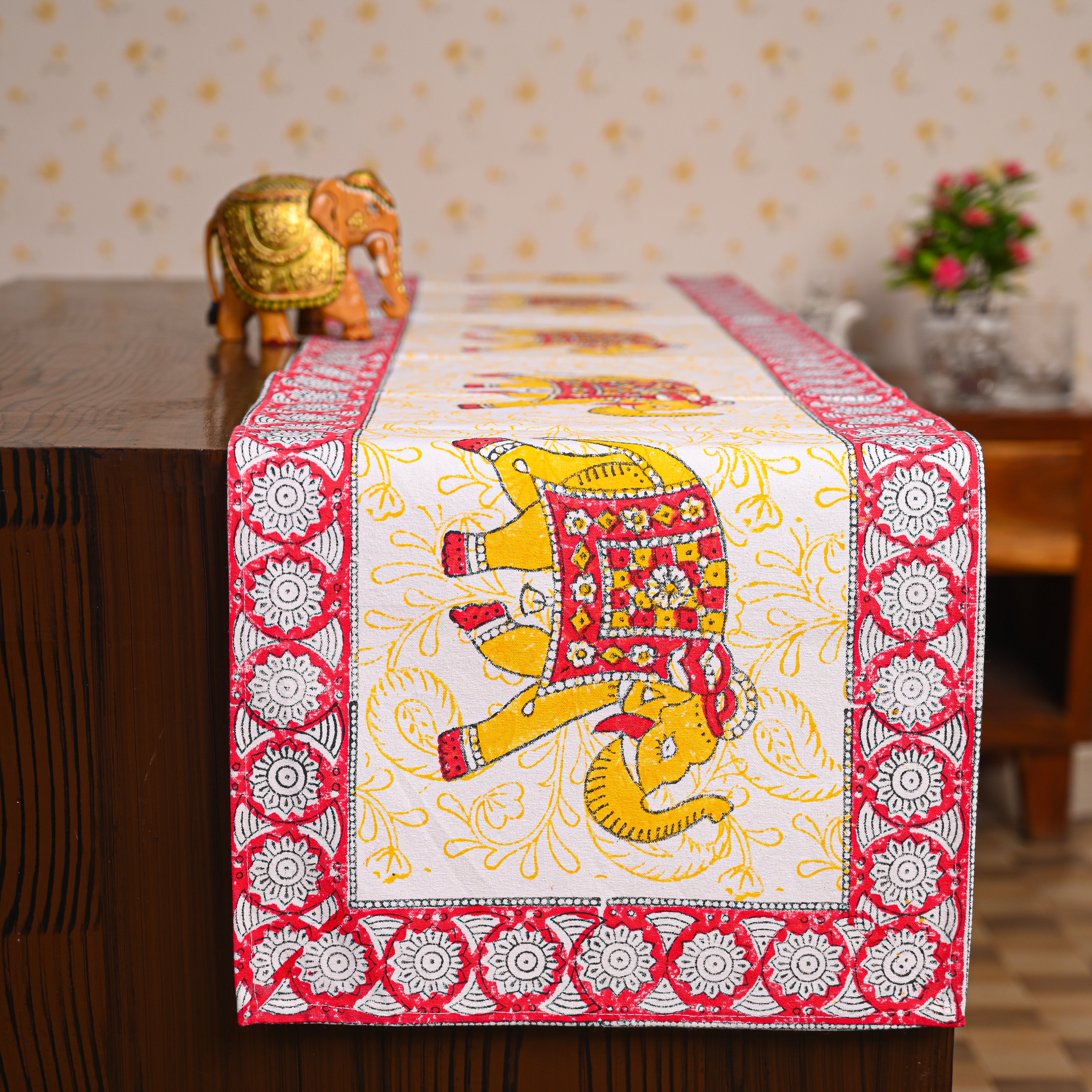 Canvas Table Runner Orange-Red Elephant Block Print