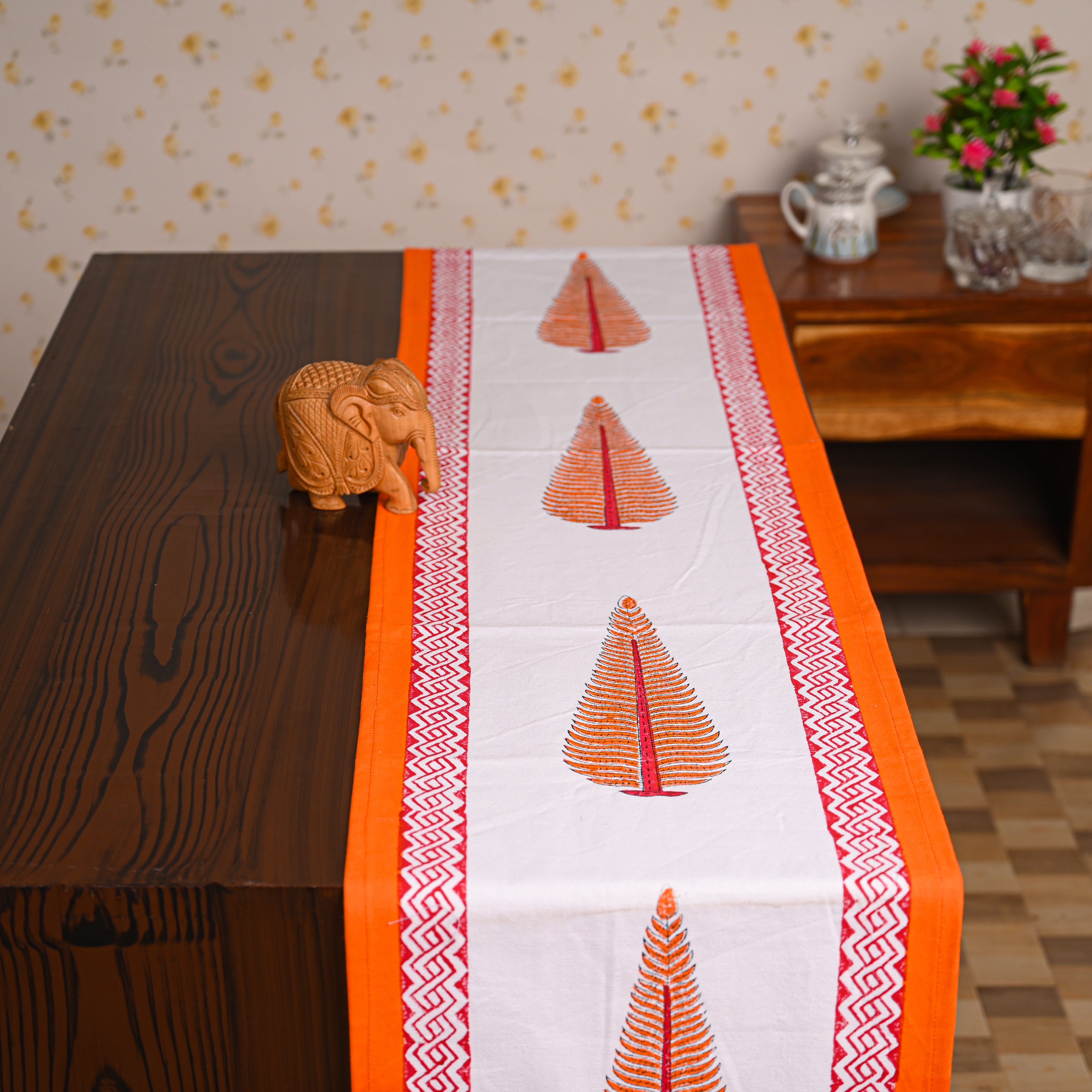 Canvas Table Runner Red Jade Pine Block Print