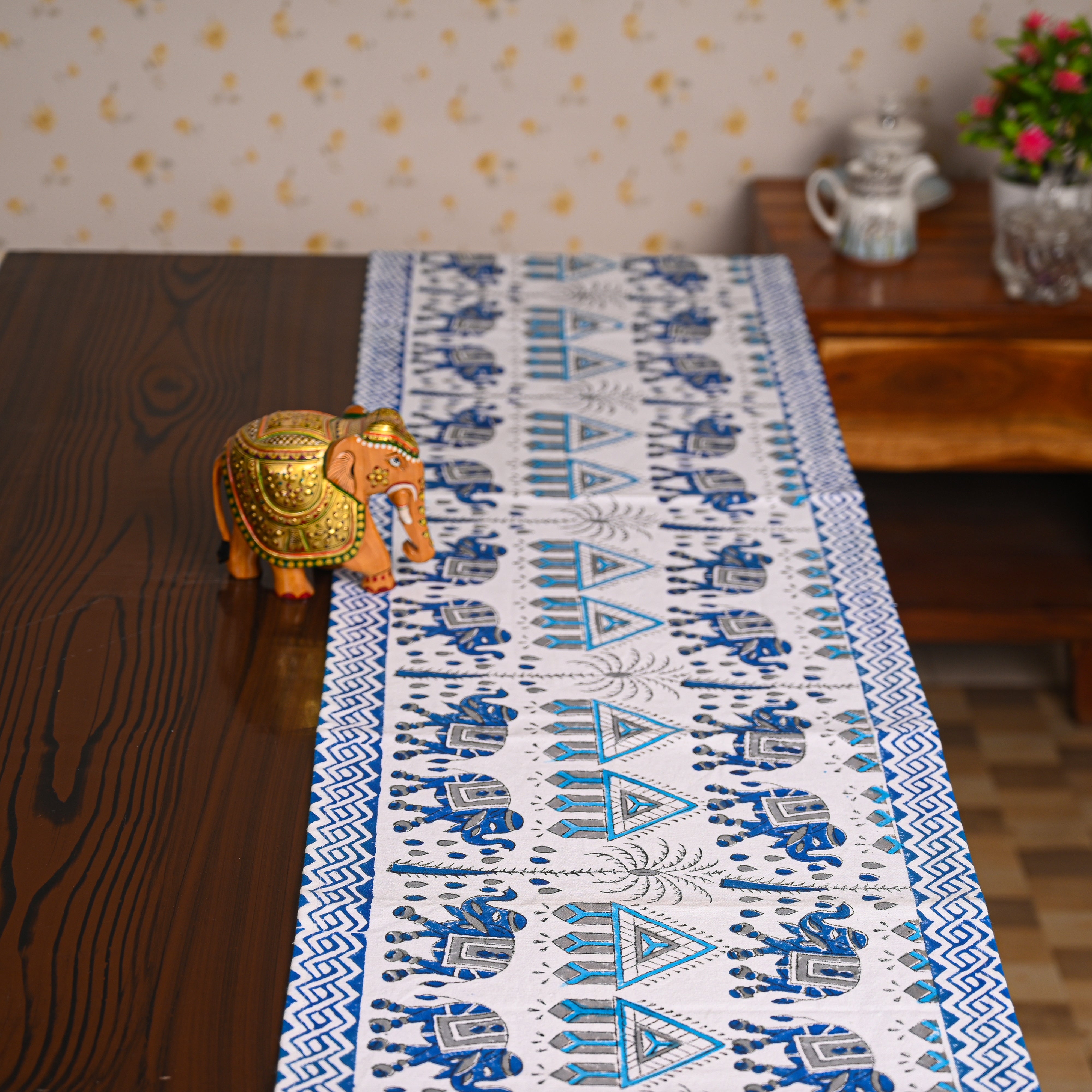 Canvas Table Runner White Blue Elephant Block Print