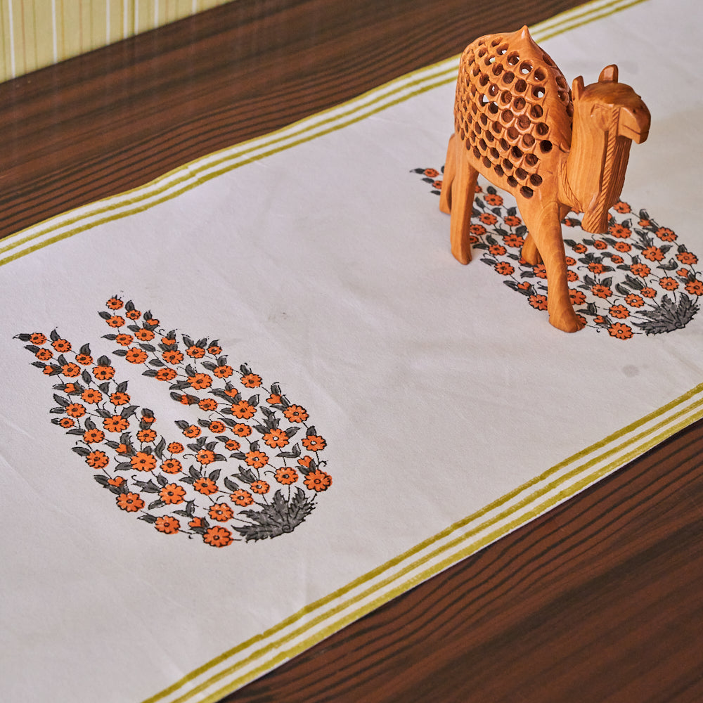 Canvas Table Runner Orange Grey Floral Boota Block Print