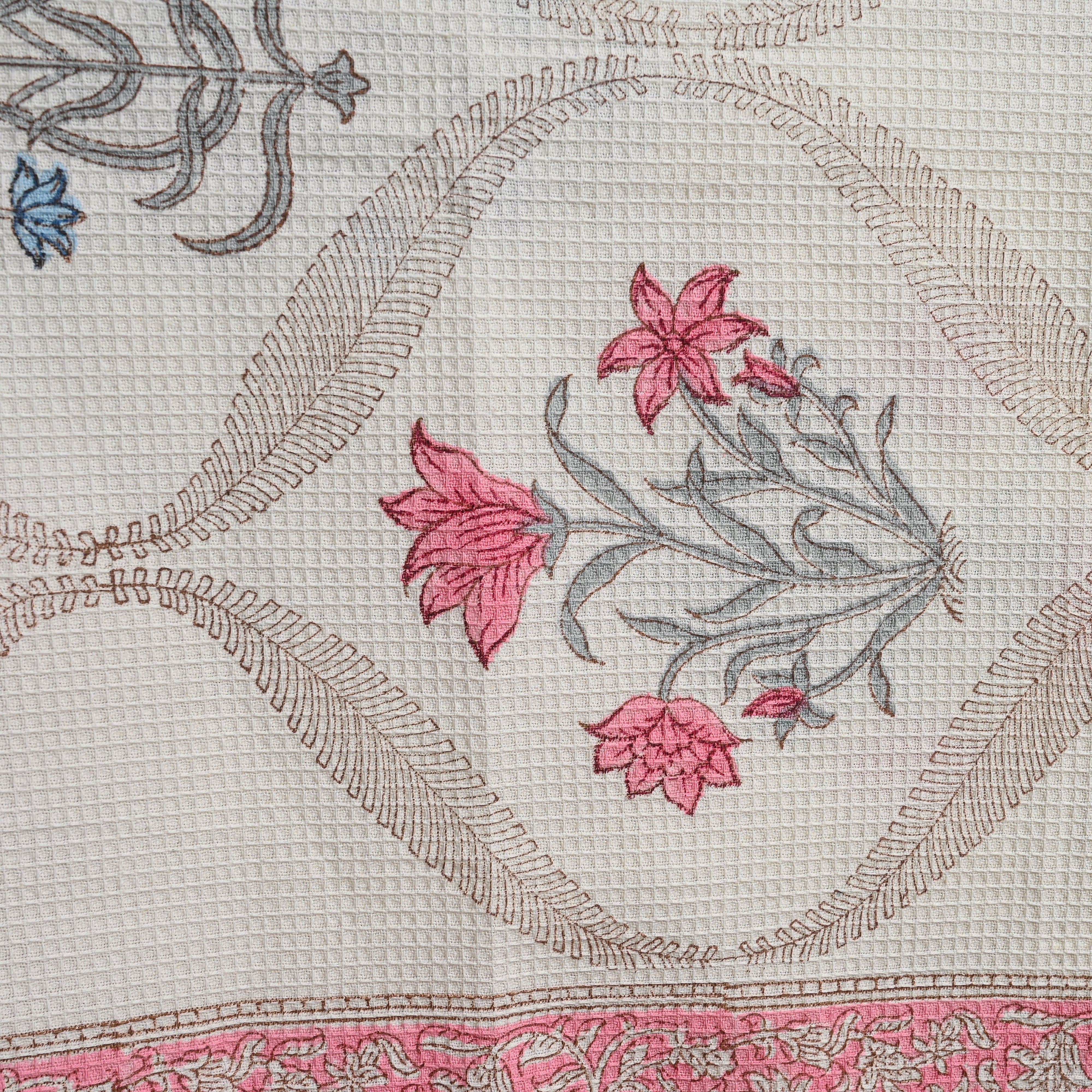Cotton Waffle White Pink Floral Mughal Jaal Blockprint Bath Towel