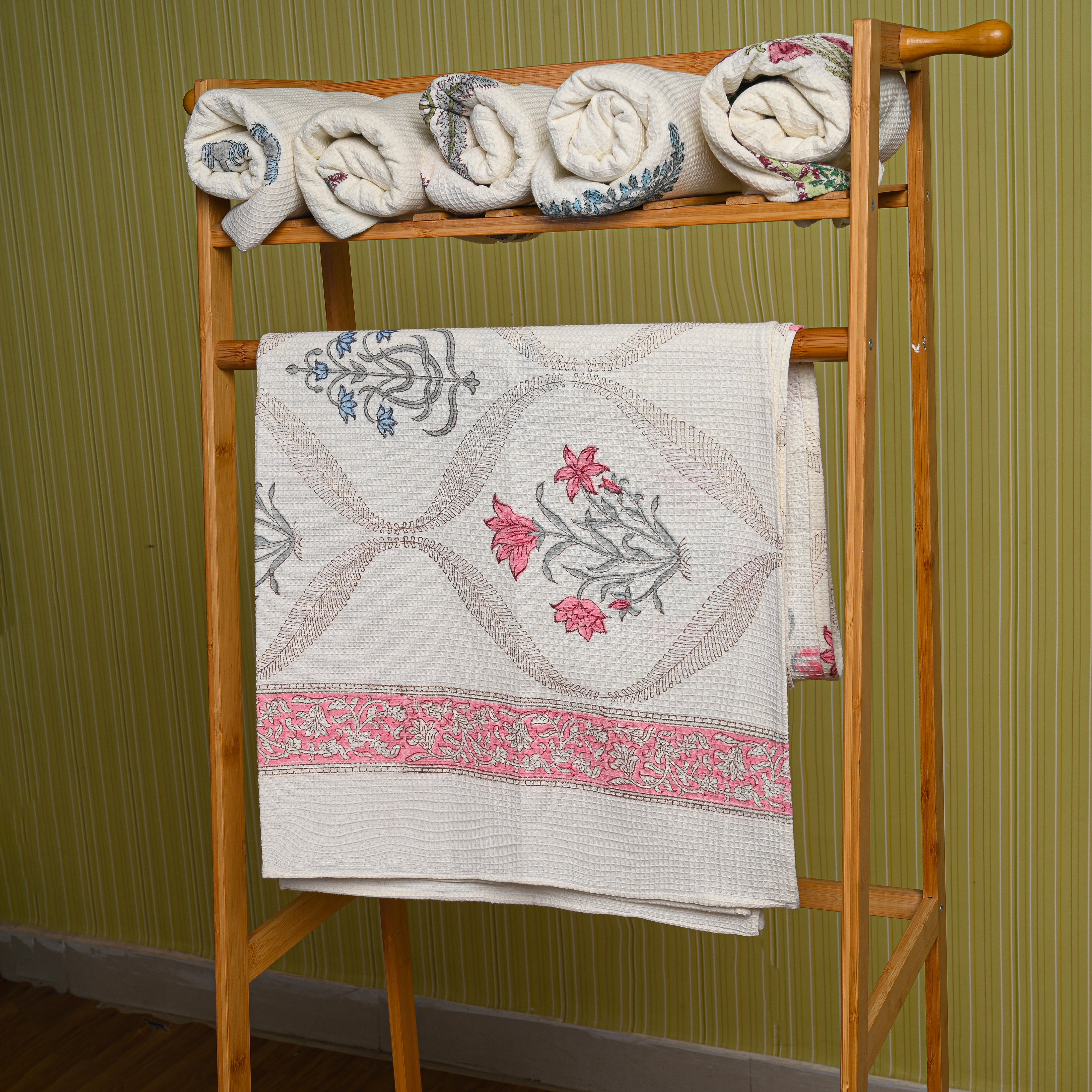 Cotton Waffle White Pink Floral Mughal Jaal Blockprint Bath Towel