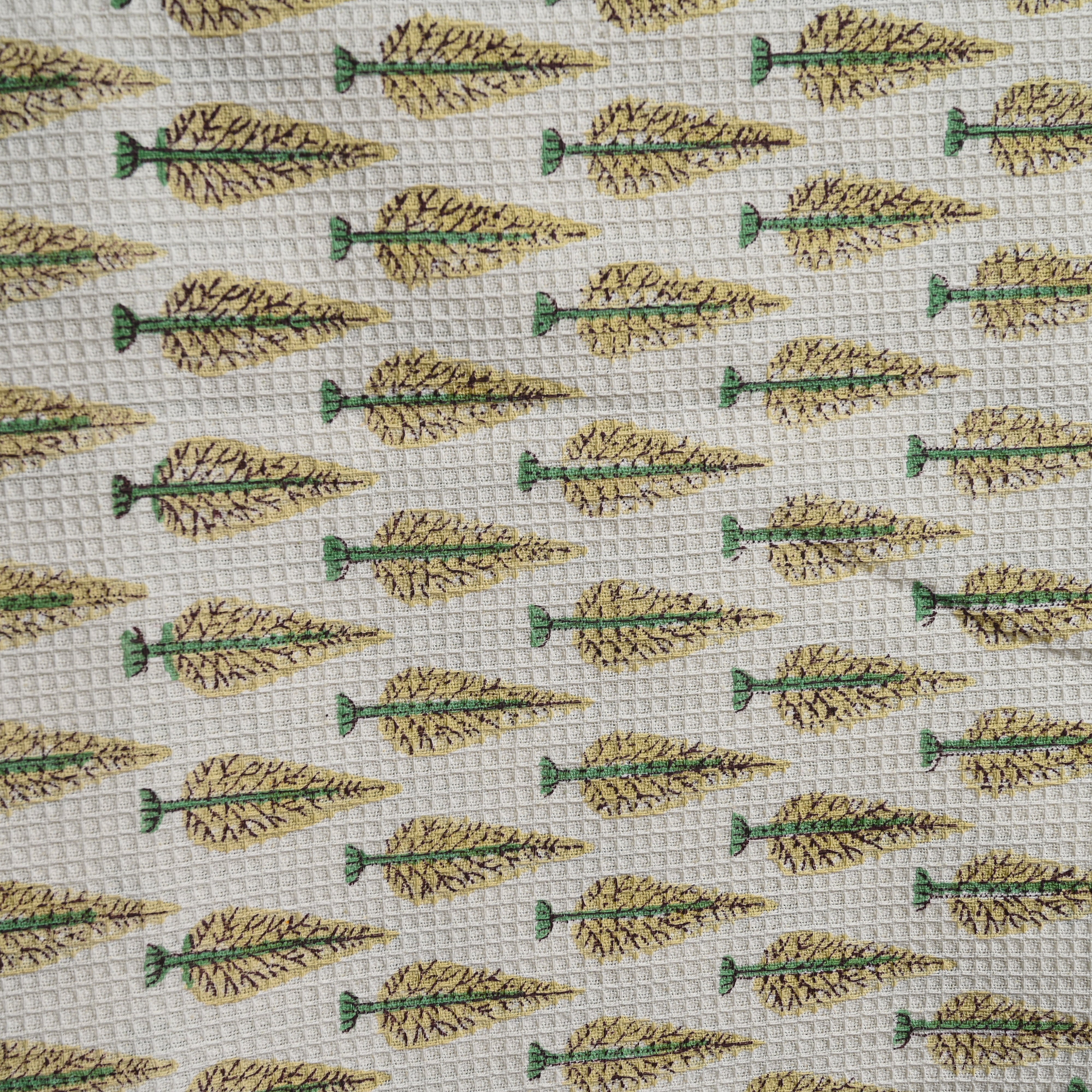 Cotton Waffle White Green Jade Pine Blockprint Bath Towel