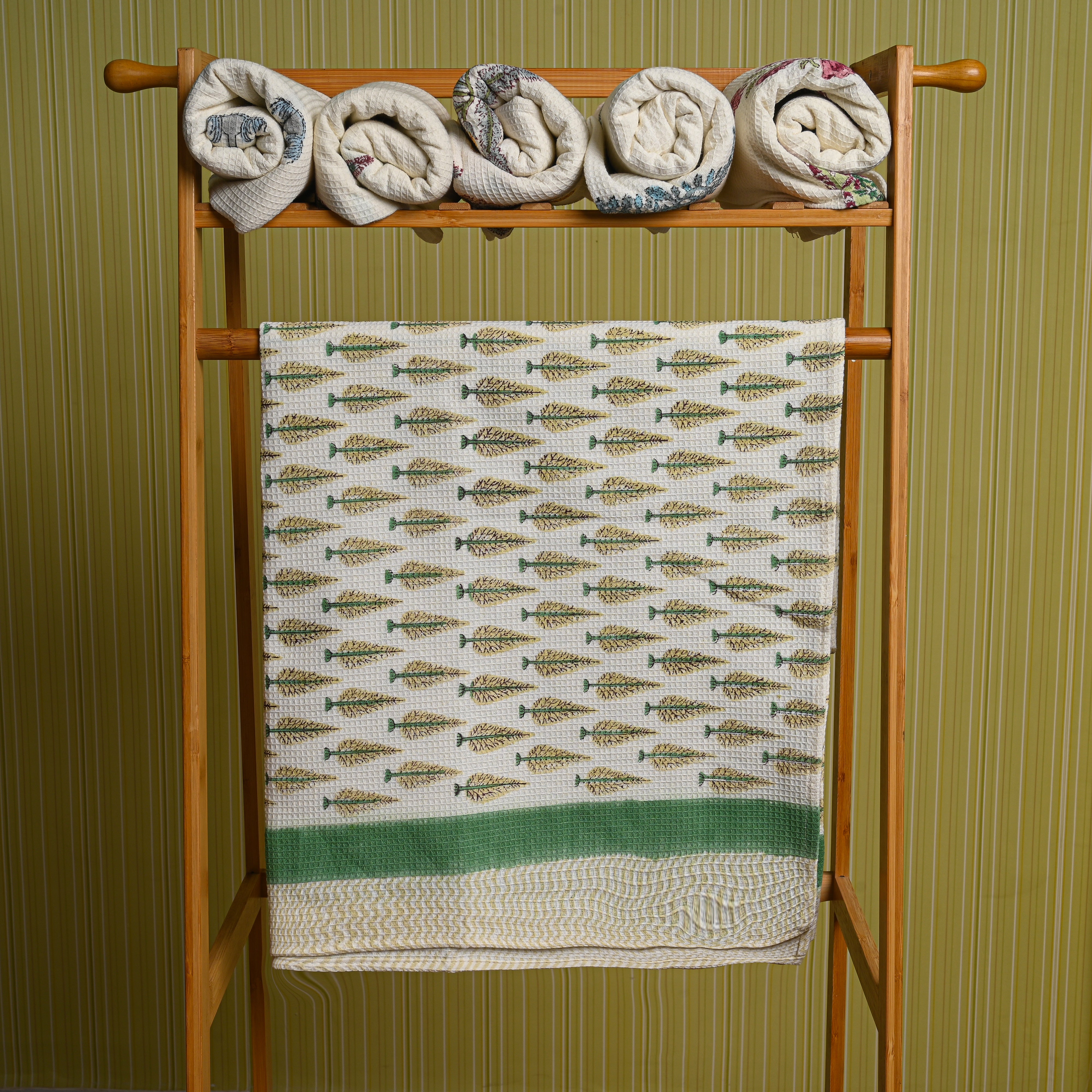 Cotton Waffle White Green Jade Pine Blockprint Bath Towel