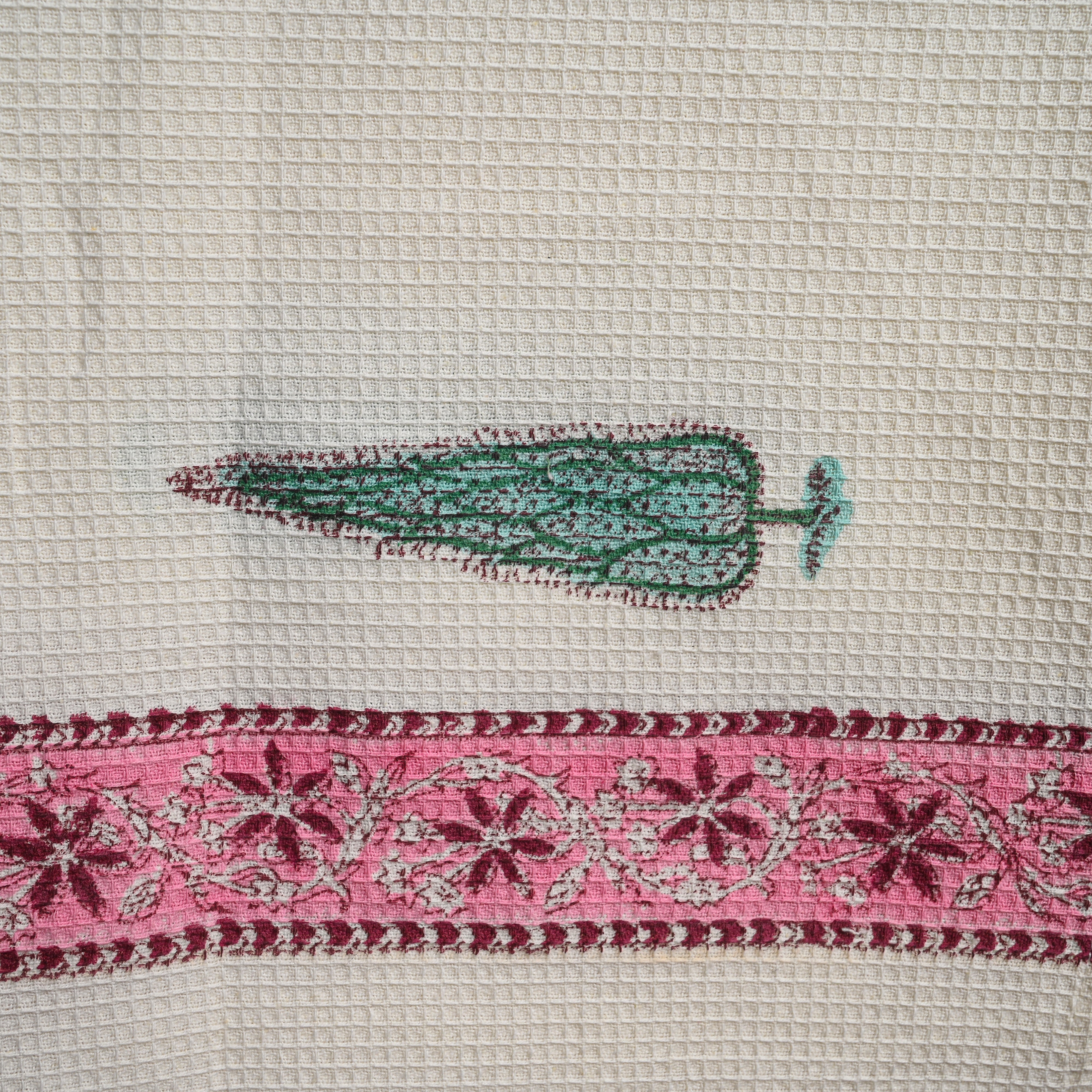 Cotton Waffle Pink Green Orchids Blockprint Bath Towel