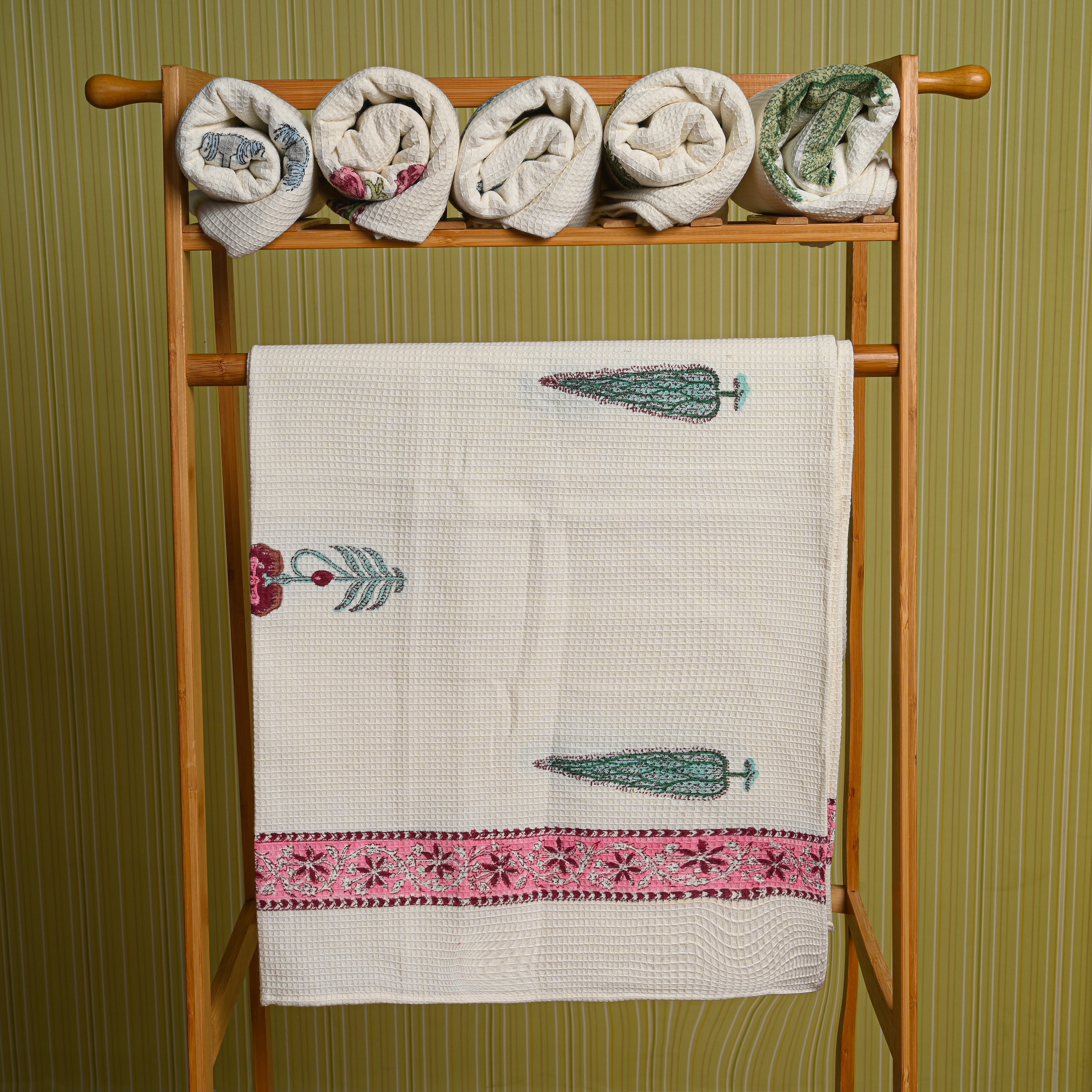 Cotton Waffle Pink Green Orchids Blockprint Bath Towel