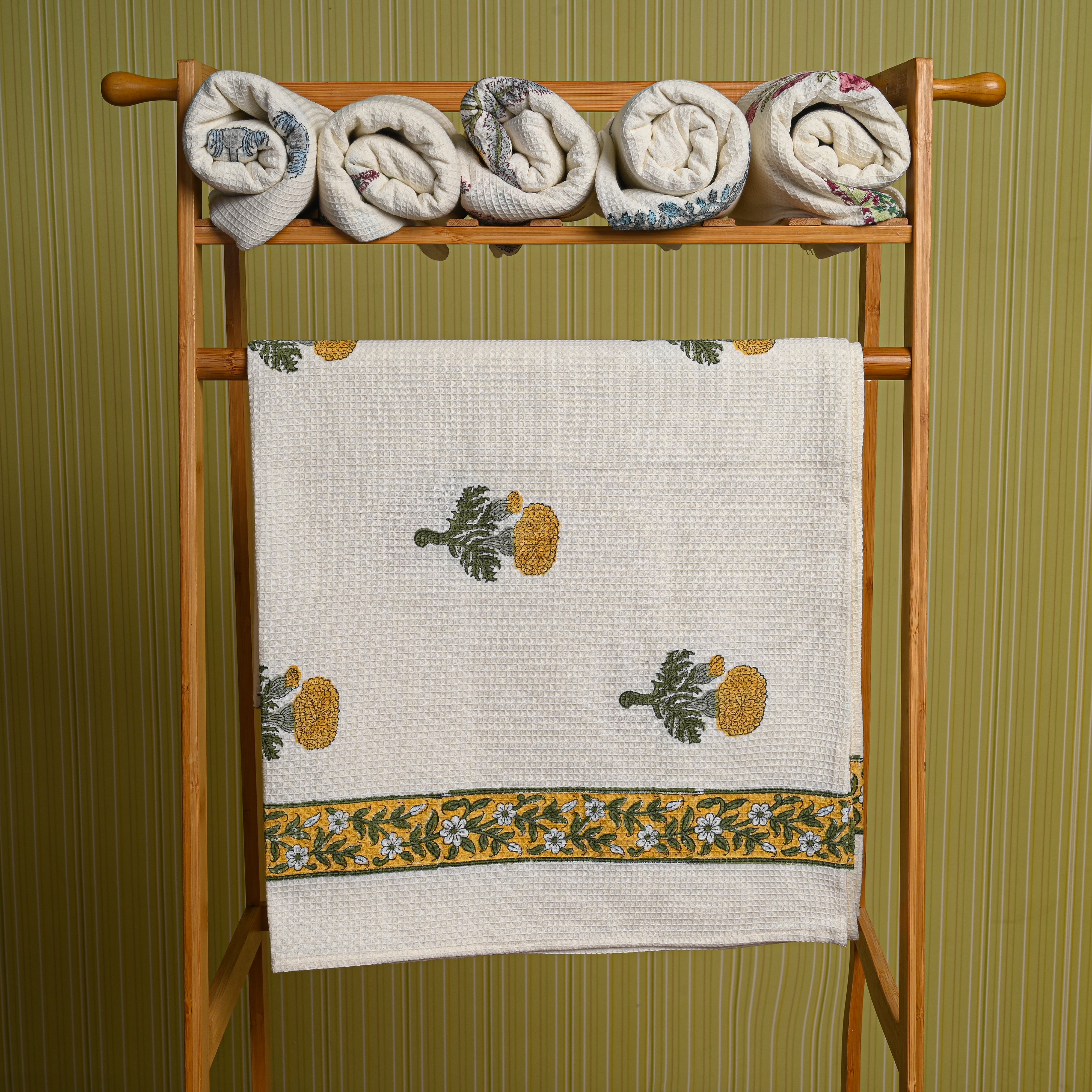 Cotton Waffle White Yellow Sunnyhop Blockprint Bath Towel