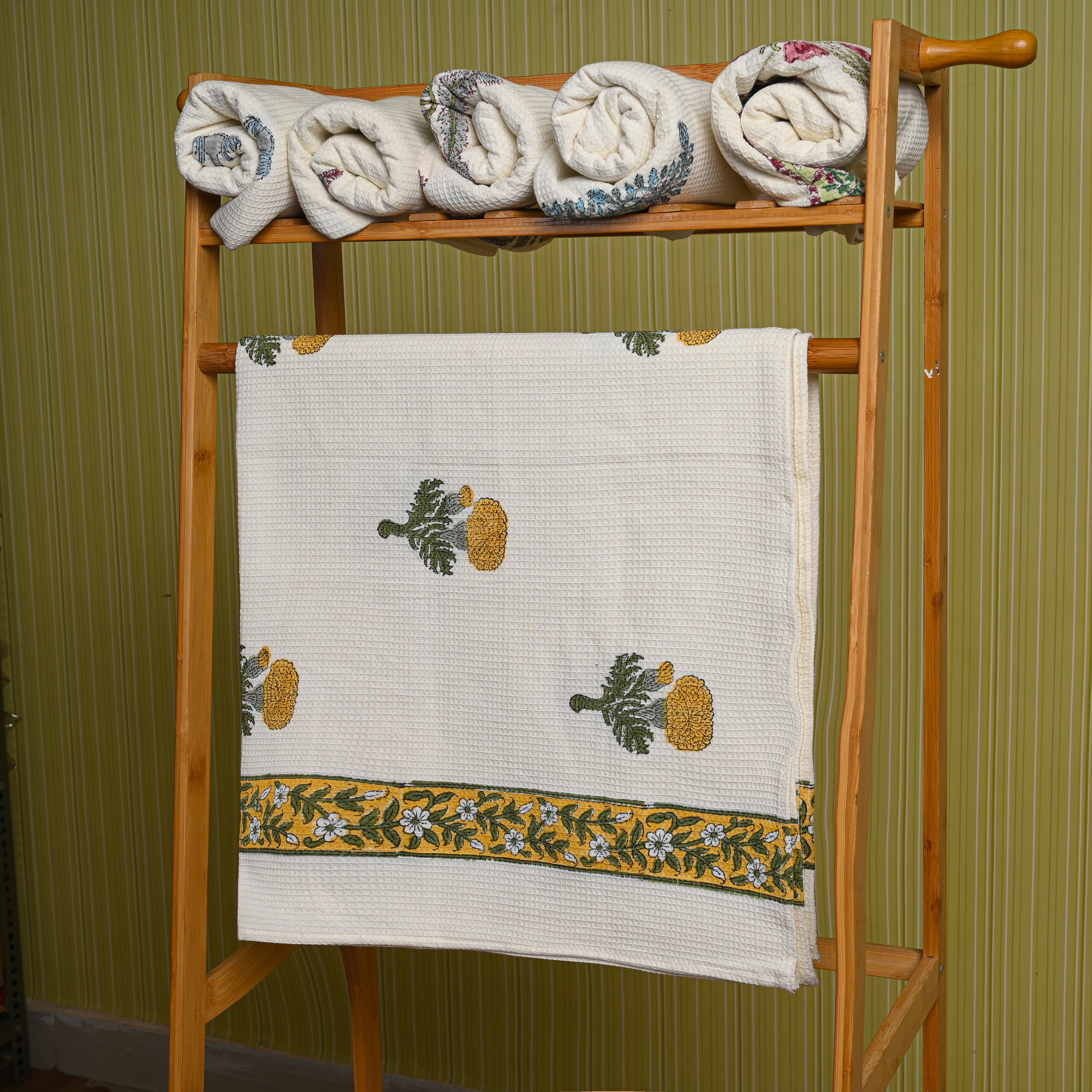 Cotton Waffle White Yellow Sunnyhop Blockprint Bath Towel