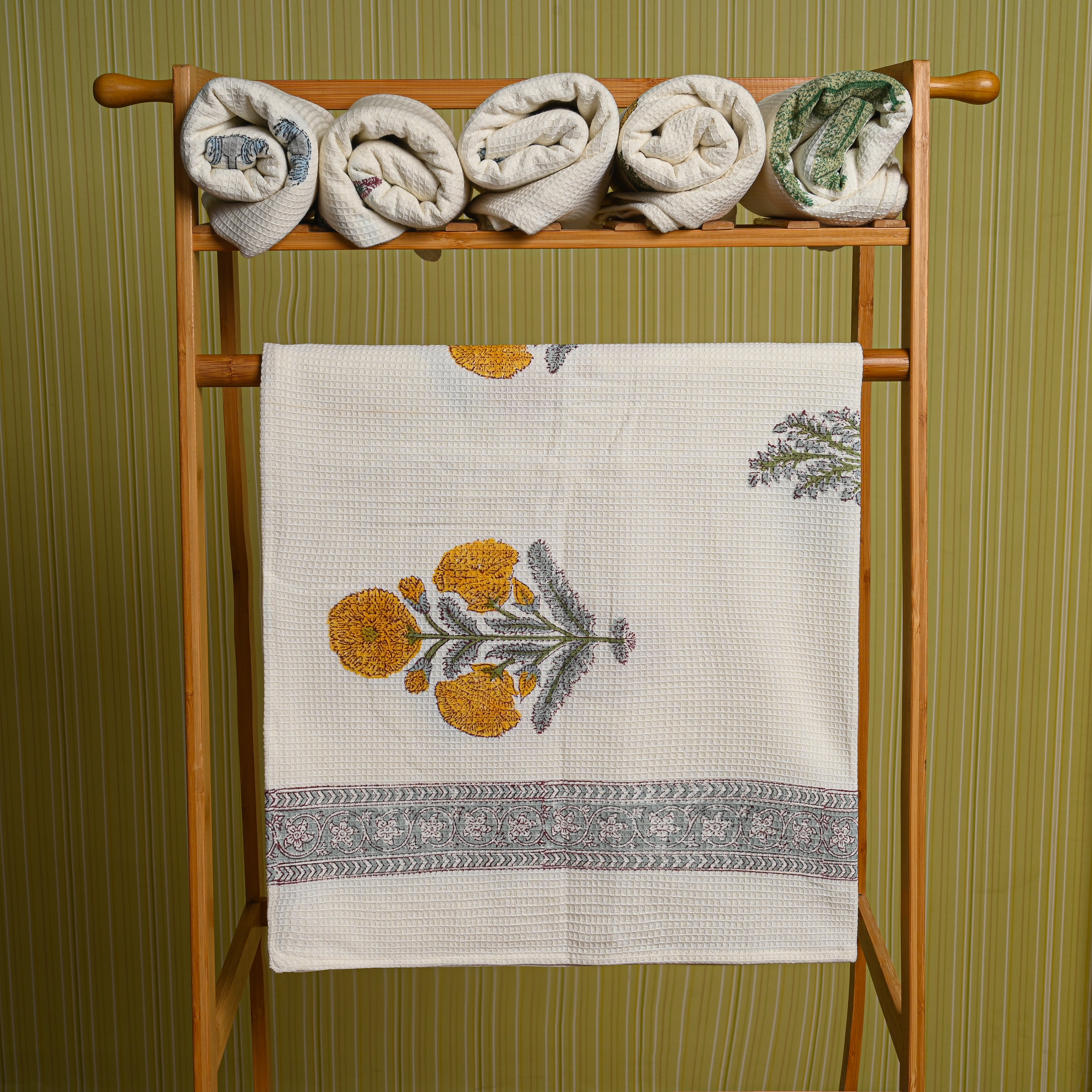 Cotton Waffle Golden Waver Blockprint Bath Towel