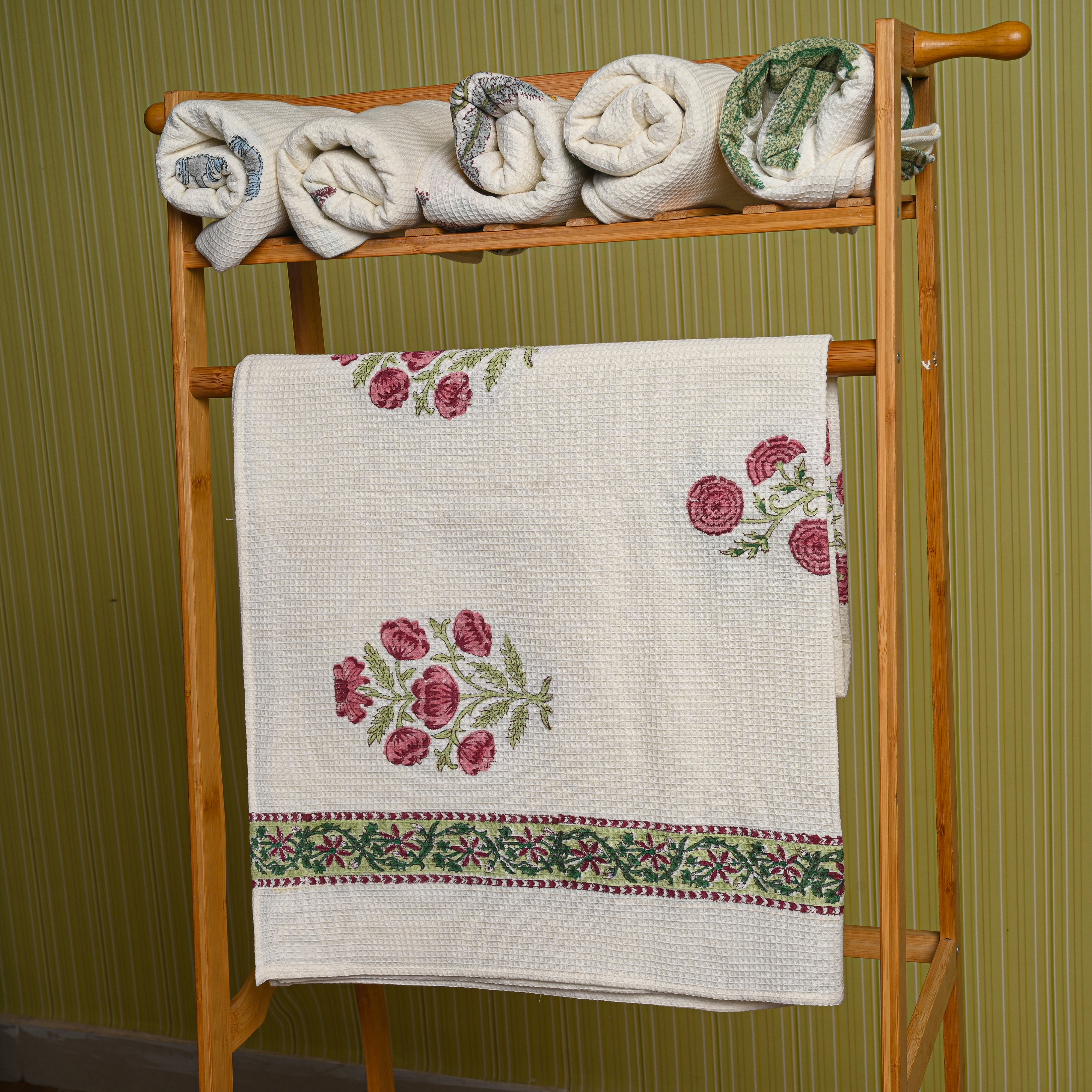 Cotton Waffle White Pink Cheerblossom Blockprint Bath Towel