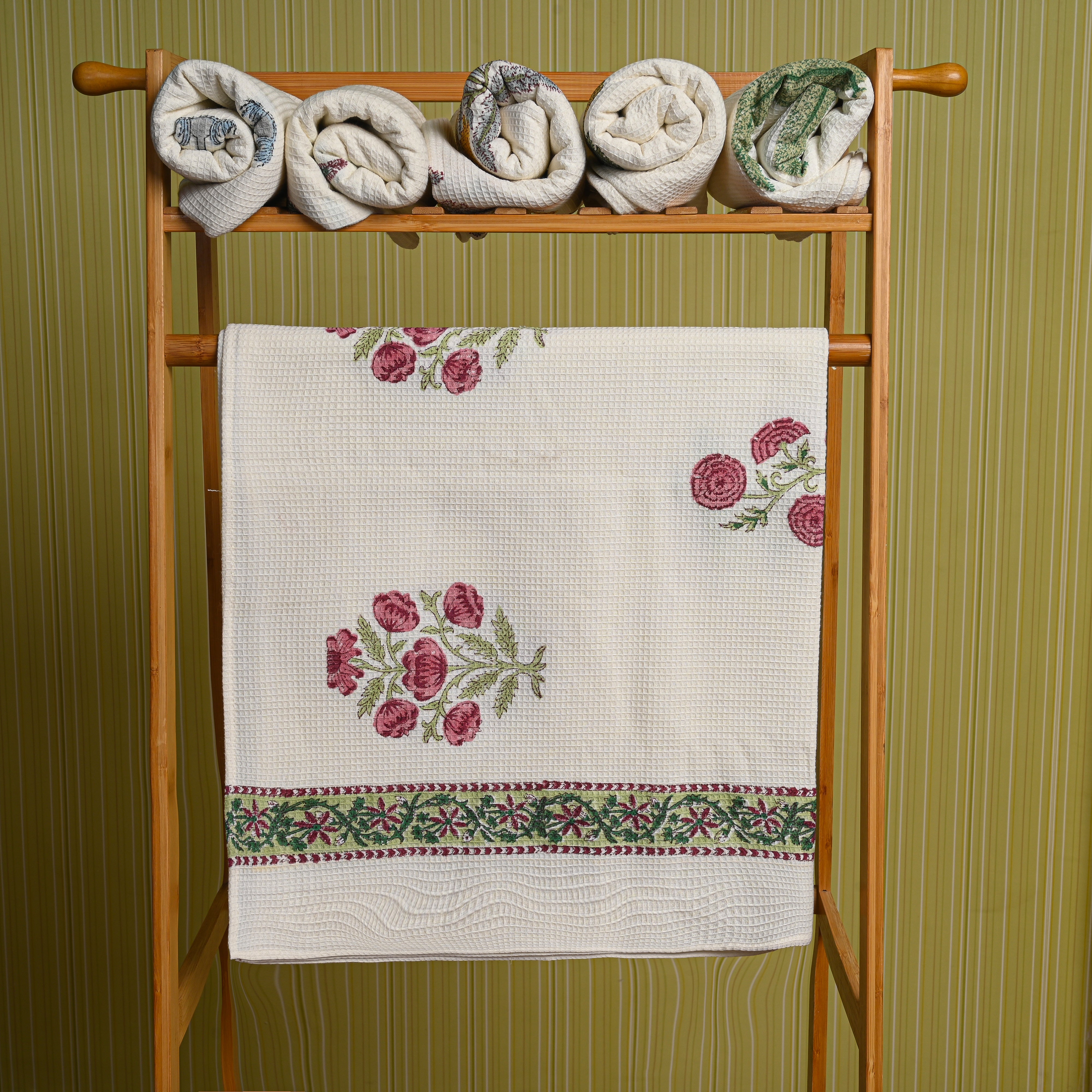 Cotton Waffle White Pink Cheerblossom Blockprint Bath Towel