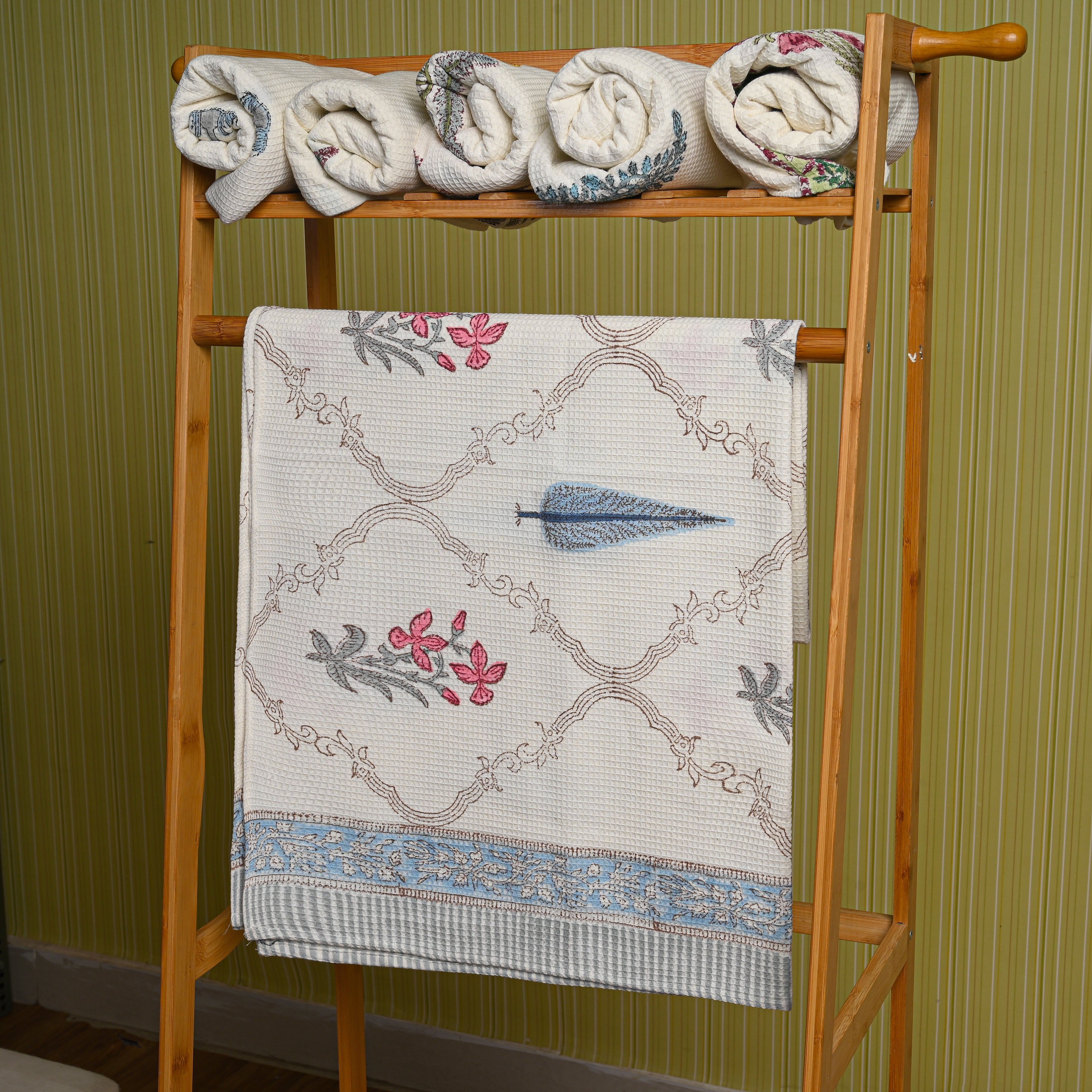 Cotton Waffle White Pink Dahlia Blockprint Bath Towel