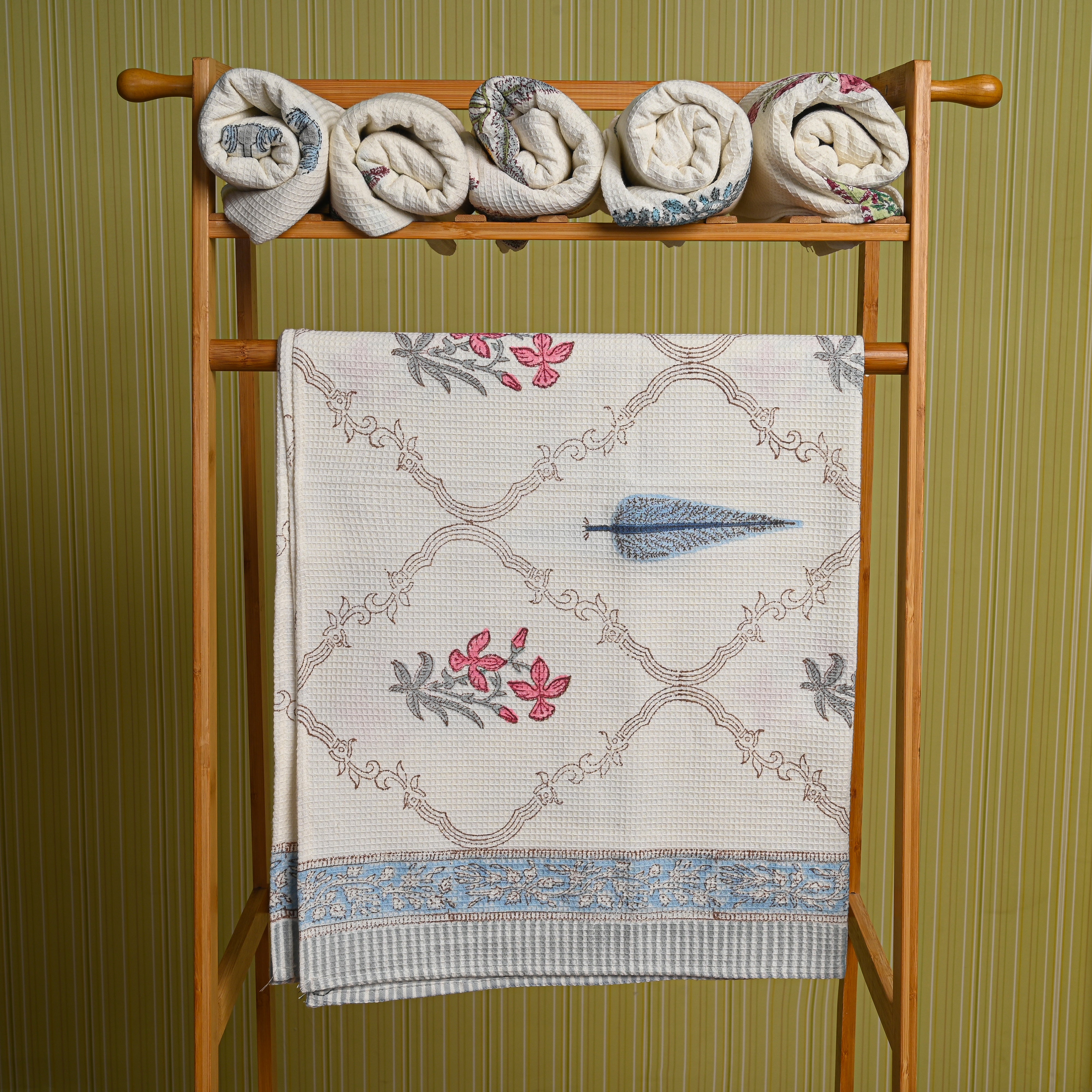 Cotton Waffle White Pink Dahlia Blockprint Bath Towel